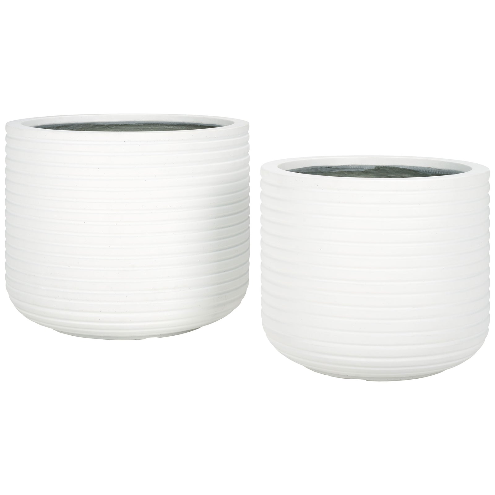 Two white planters in complementary sizes feature clean horizontal lines and rounded bases || PAT1530C-SET2 || front_studio