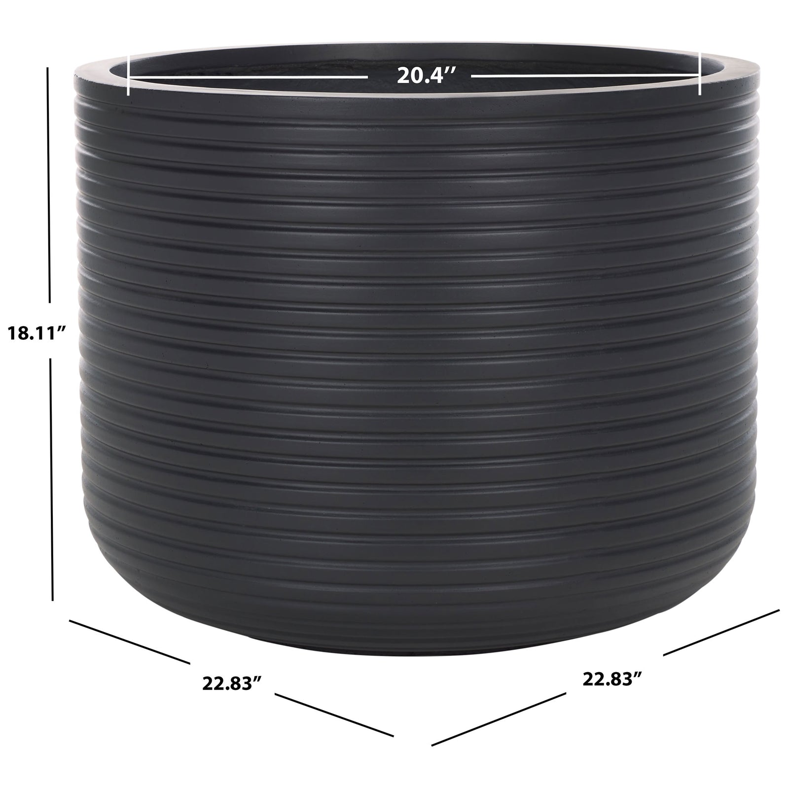 This black ribbed planter measures 22.83 inches wide and 18.11 inches tall, with a 20.4-inch opening || PAT1531A || dimension_studio
