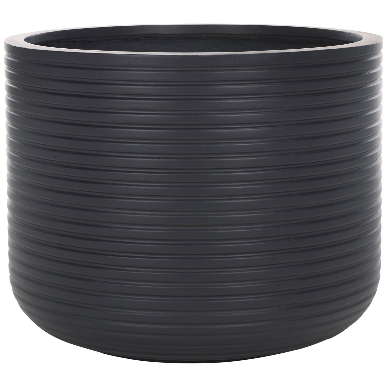 A spacious black planter features a wide rim, repeating horizontal ribs and a gently curved base || PAT1531A || front_studio