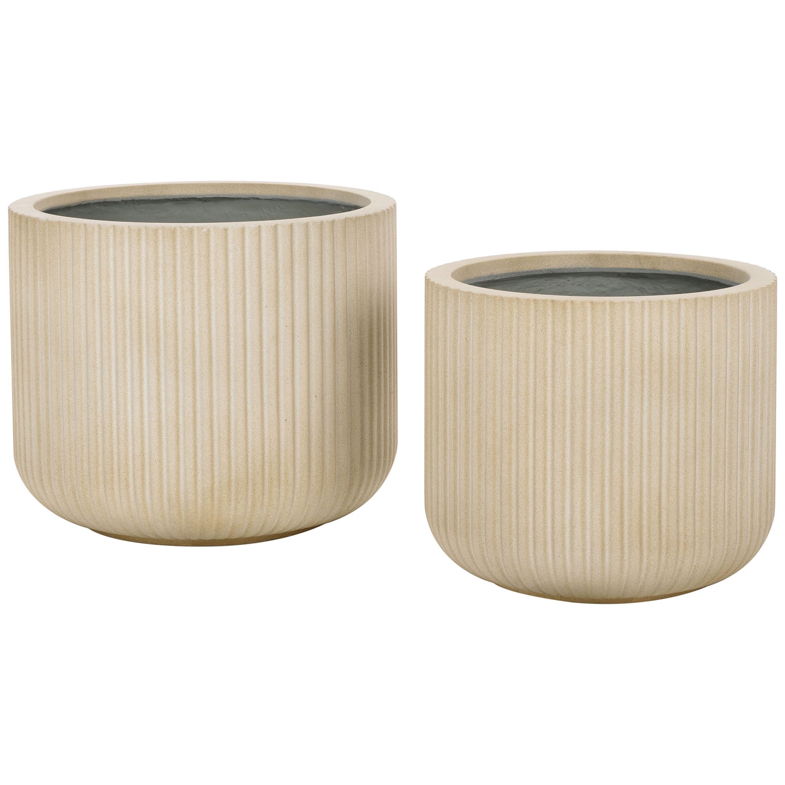 Two sandy beige planters pair a wider pot with a smaller companion, both finished in slender vertical ribs. || PAT1532B-SET2 || front_studio