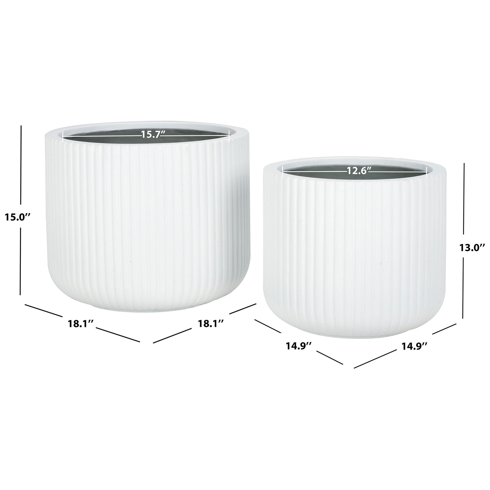 Two white fluted planters span 18.1 and 14.9 inches across for coordinated planting space. || PAT1532C-SET2 || dimension_studio