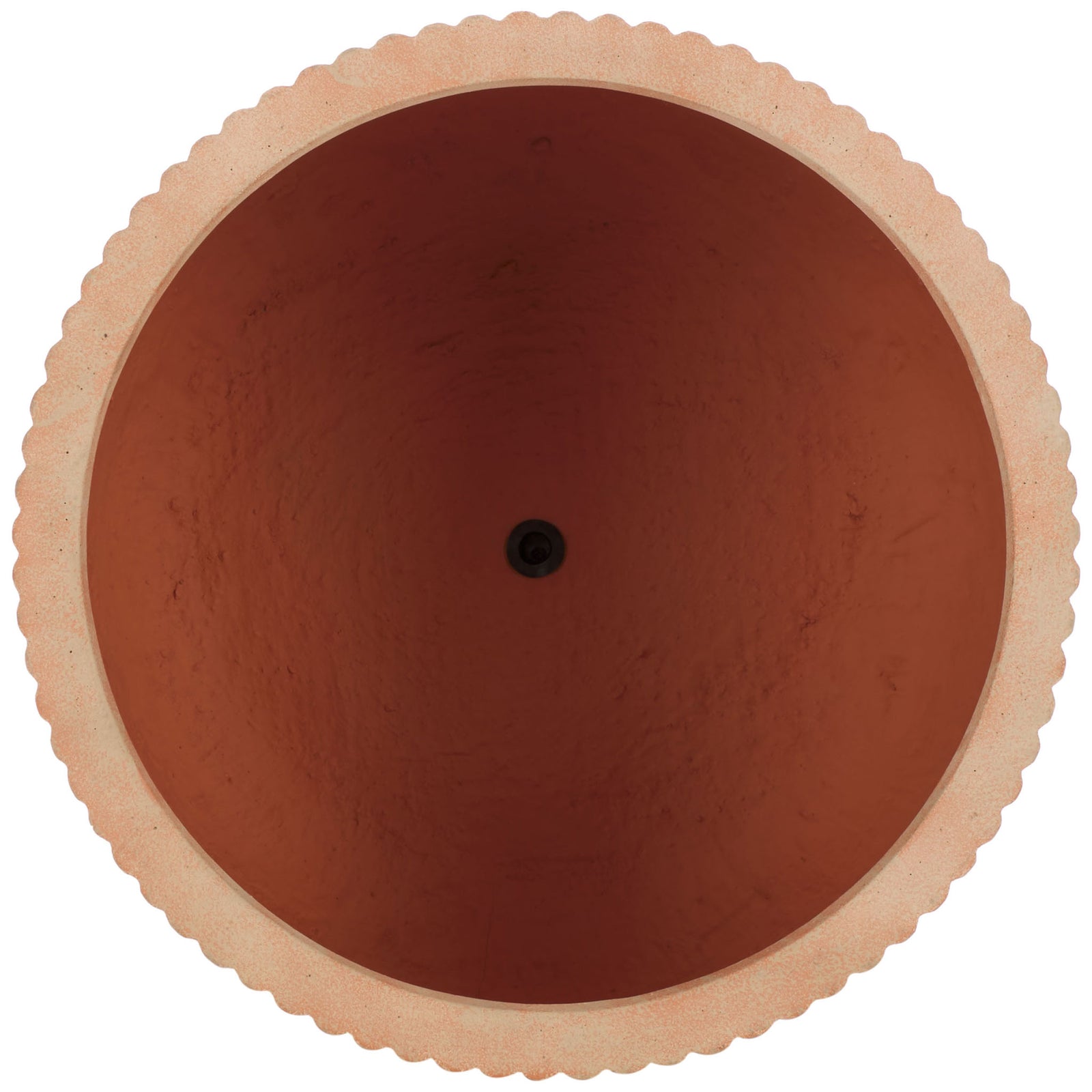 A gently scalloped rim circles the broad rust-colored interior and centered drain hole. || PAT1532D-SET2 || top_partial_studio