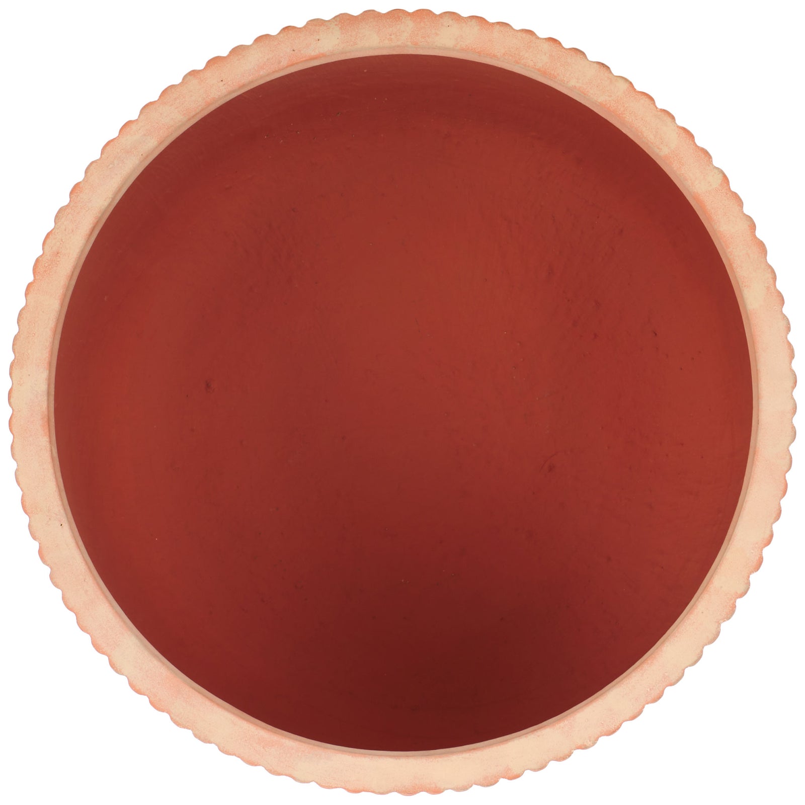 A broad terracotta opening and softly scalloped rim reveal the rust-colored interior. || PAT1533D || top_studio