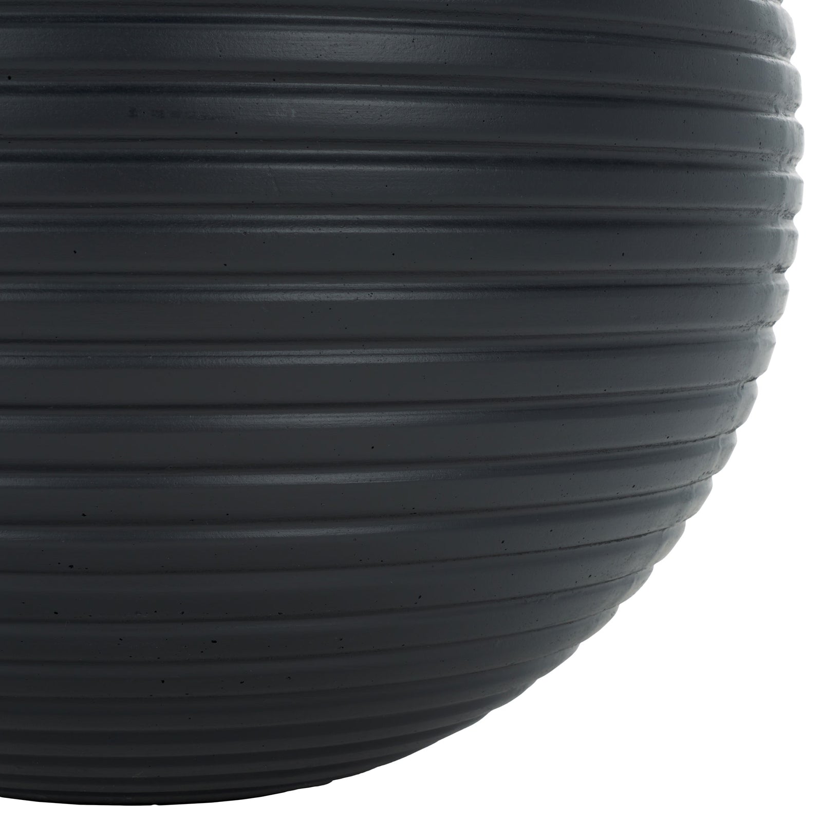Black ribs wrap around the planter's curved lower body and rounded base. || PAT1534A || leg_studio