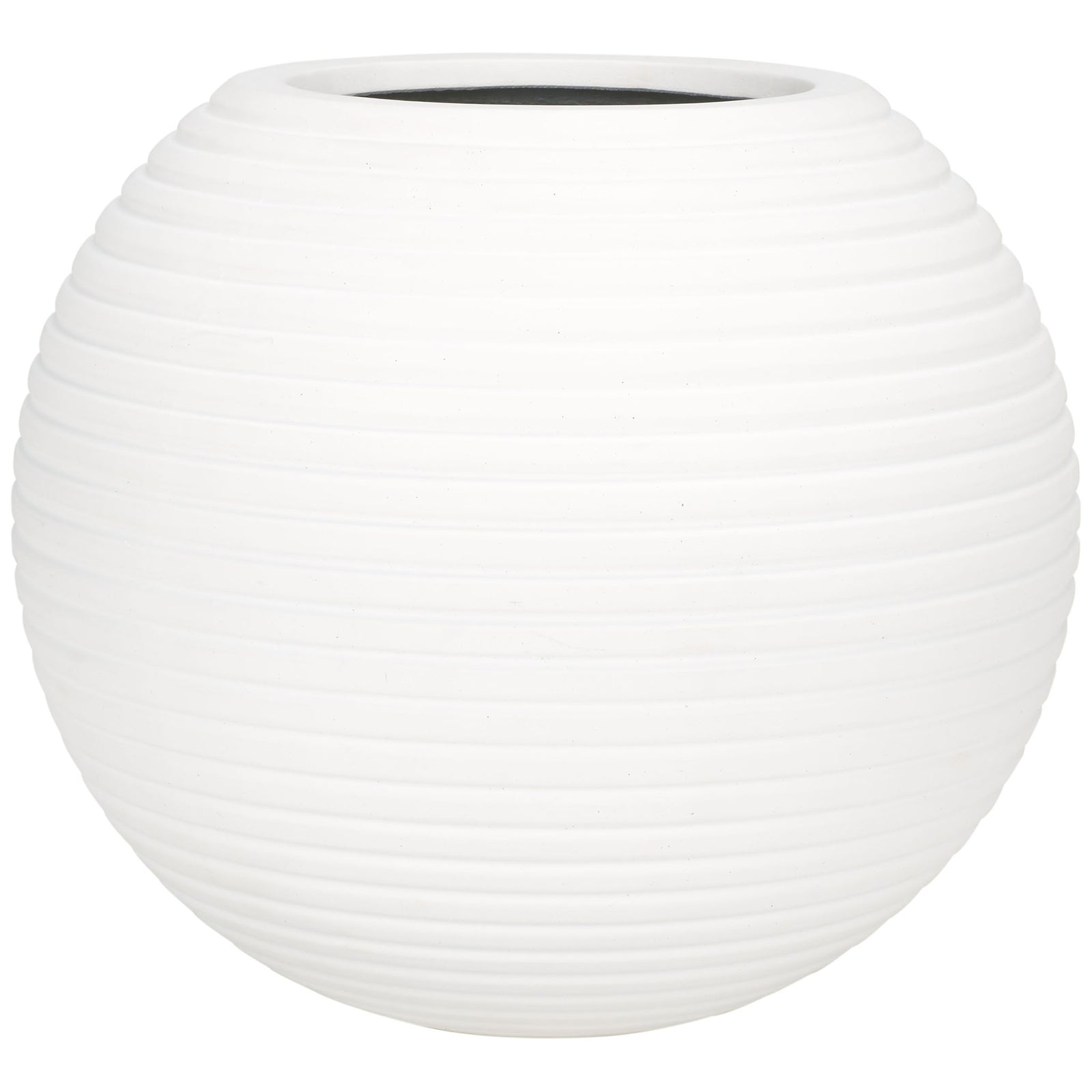 Clean white spherical planter combines a wide body with evenly layered horizontal ridges. || PAT1534C || front_studio