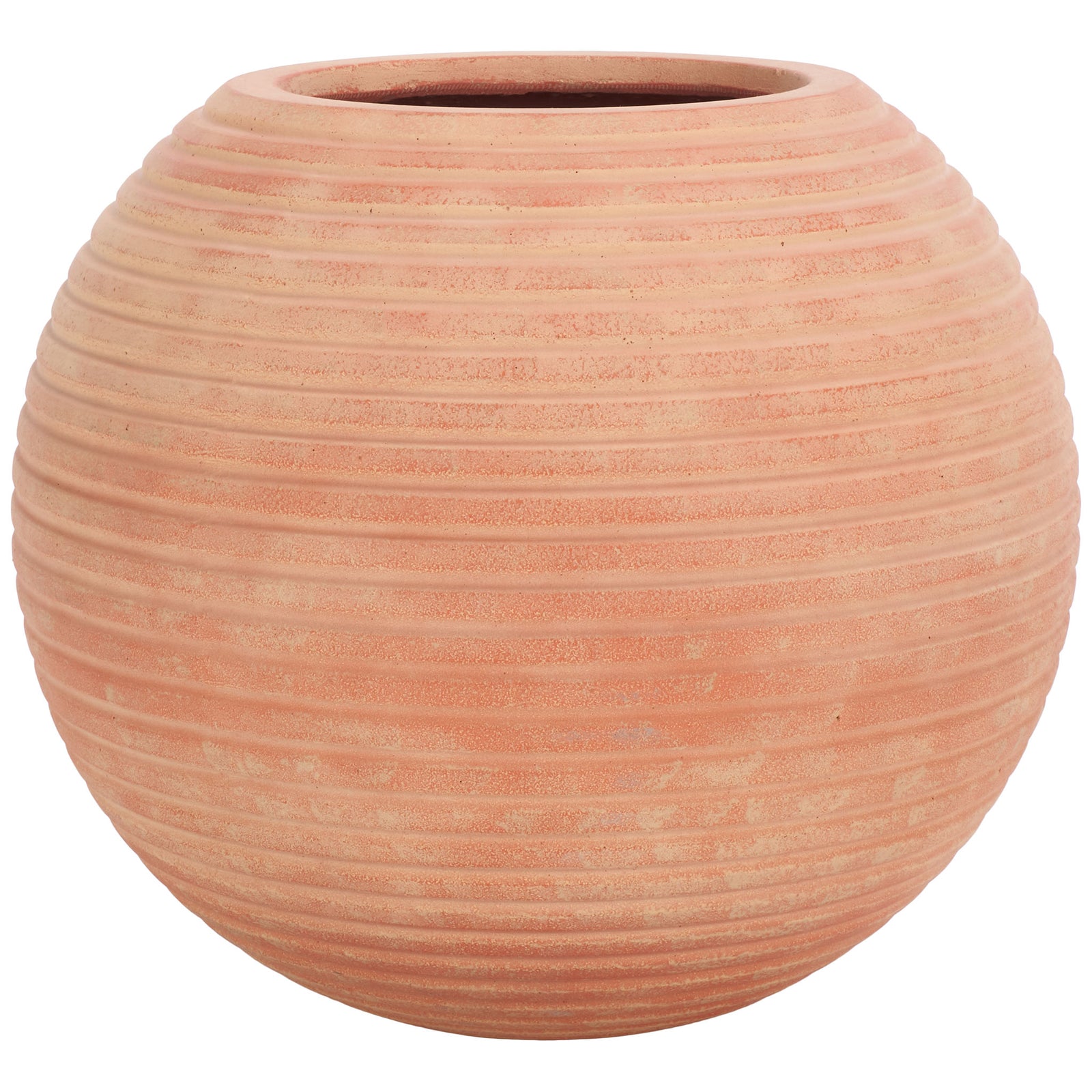 Earthy terracotta planter brings warmth through closely spaced horizontal ribs and an open rim. || PAT1534D || front_studio