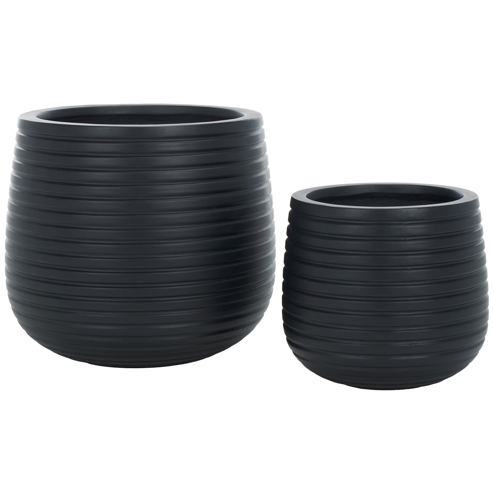 Two rounded black planters pair graduated sizes with crisp horizontal ribbing || PAT1535A-SET2 || front_studio