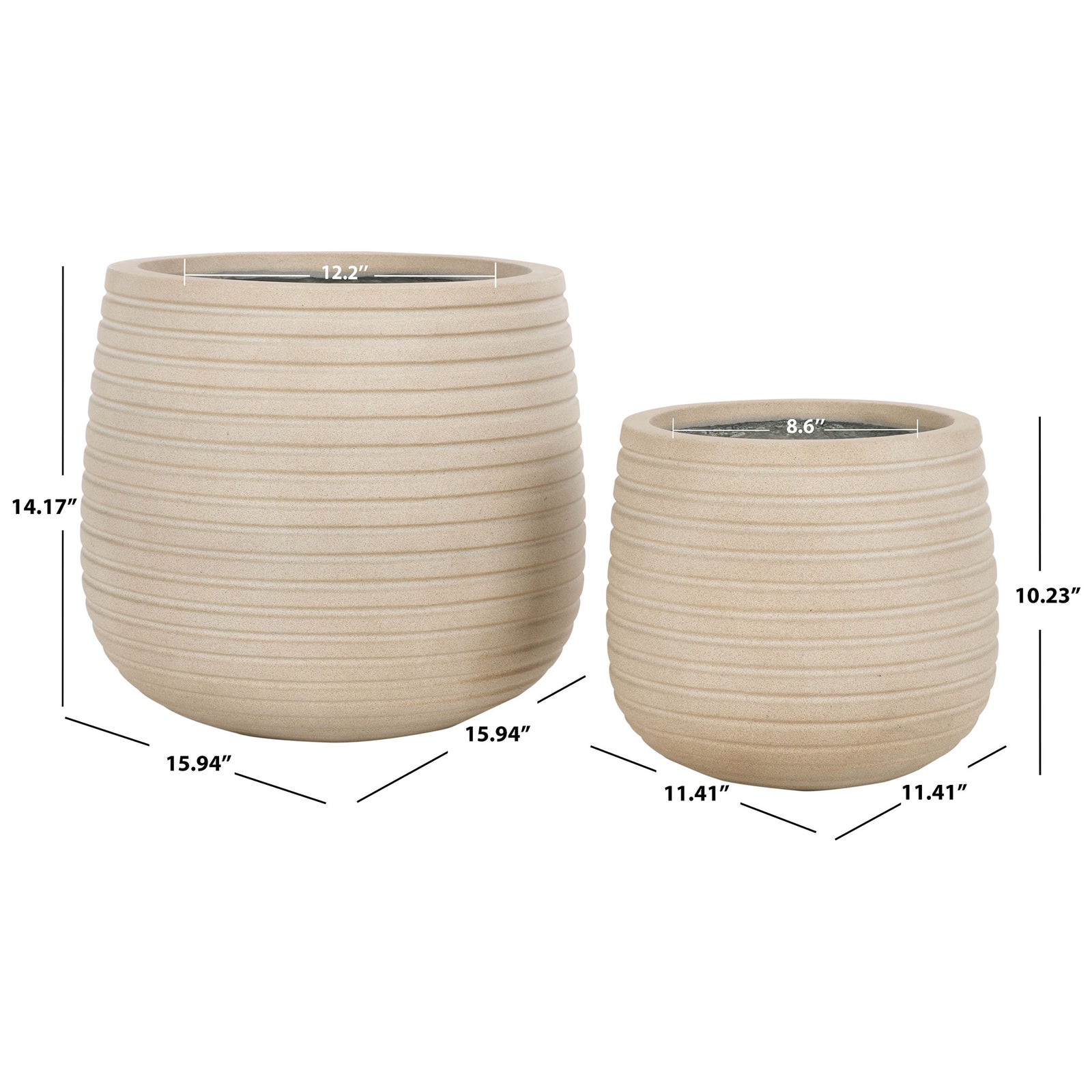 Two beige planters offer 12.2-inch and 8.6-inch openings || PAT1535B-SET2 || dimension_studio
