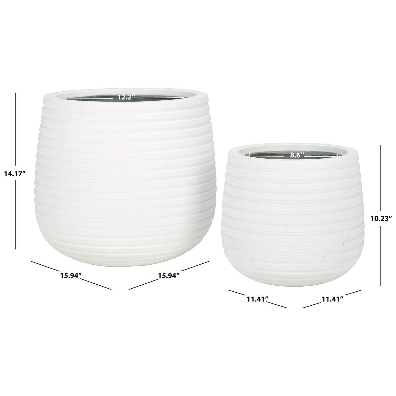 Two white ribbed planters have 12.2-inch and 8.6-inch openings || PAT1535C-SET2 || dimension_studio