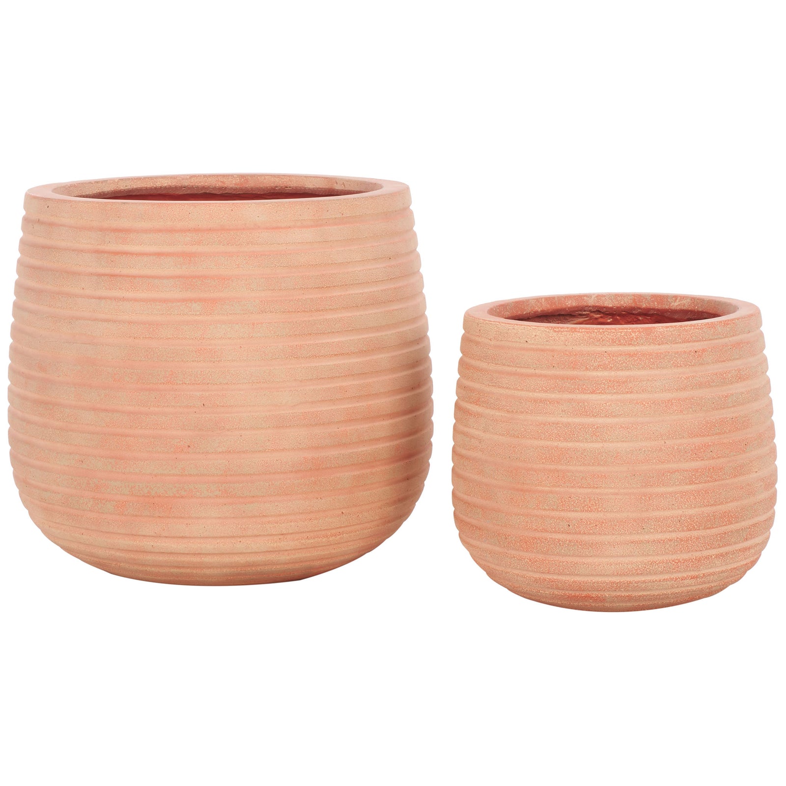 Large and small terracotta planters pair sculpted ribbing with rounded silhouettes || PAT1535D-SET2 || front_studio