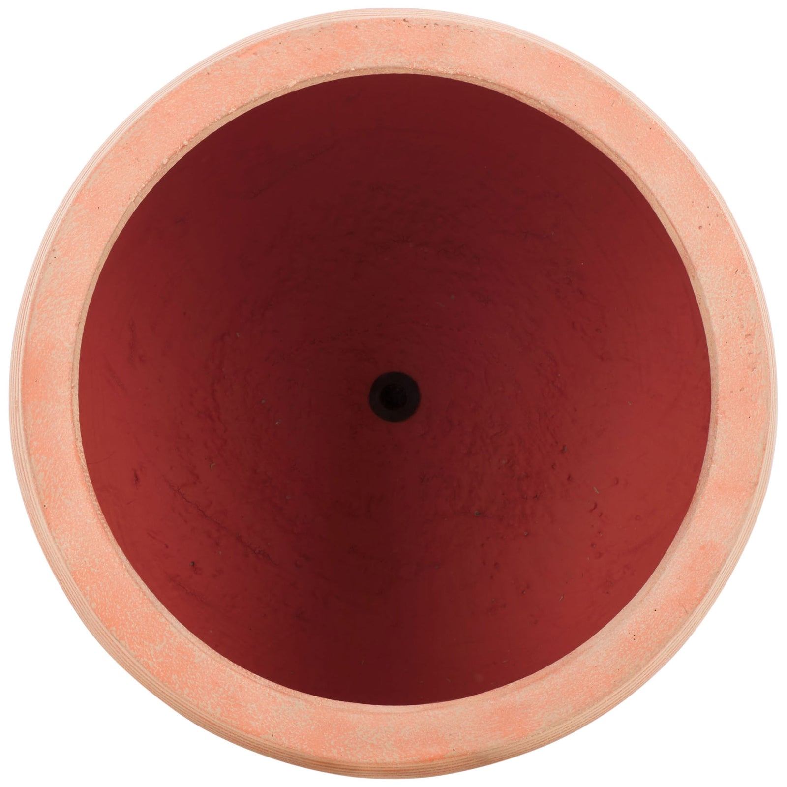 A pale terracotta rim surrounds a rust-toned interior with a drainage opening || PAT1535D-SET2 || top_partial_studio