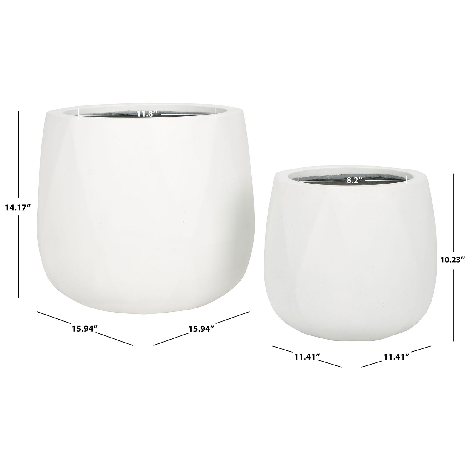 White planters measure 15.94 and 11.41 inches across for flexible plant displays. || PAT1536C-SET2 || dimension_studio