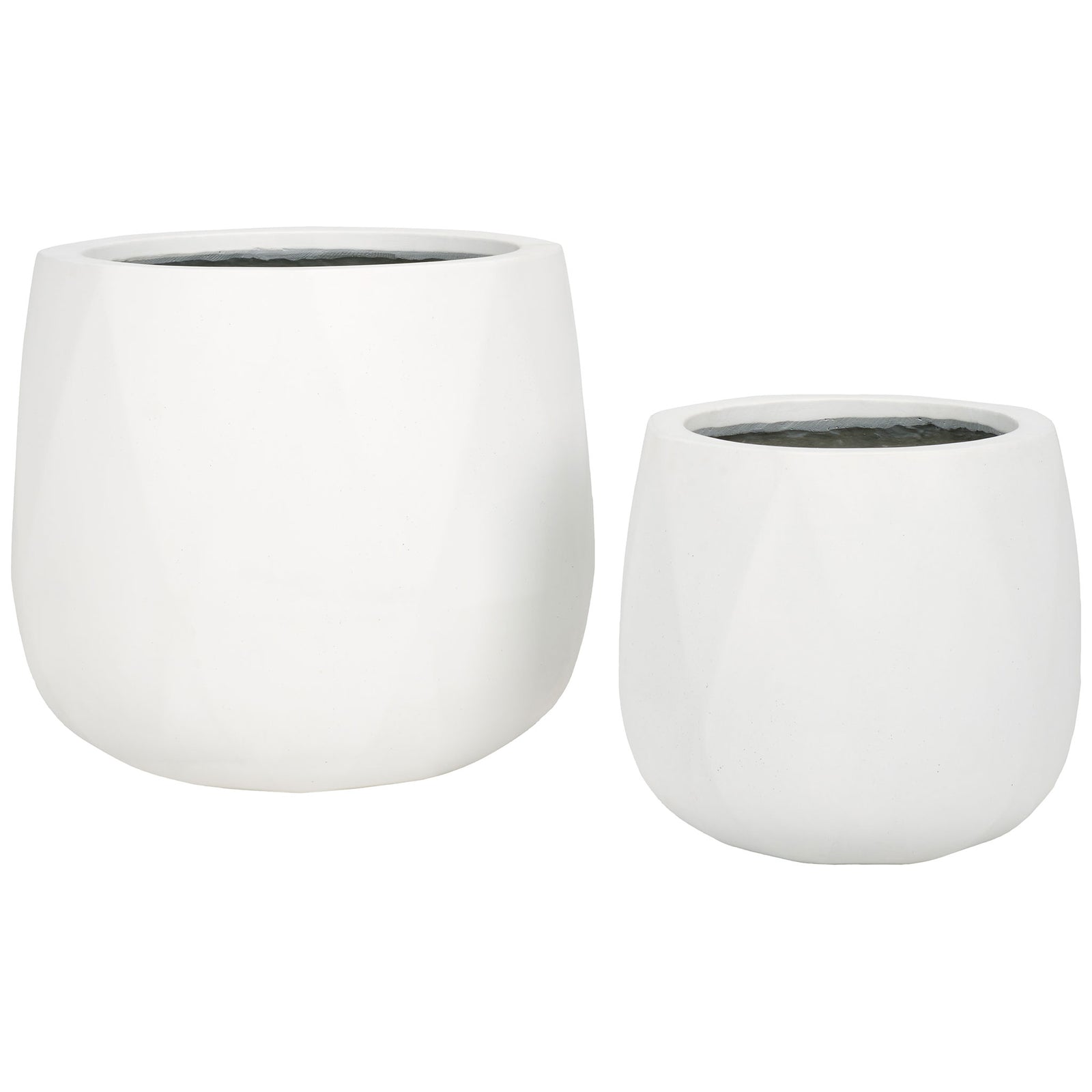 Two rounded white planters feature understated geometric facets in complementary sizes. || PAT1536C-SET2 || front_studio