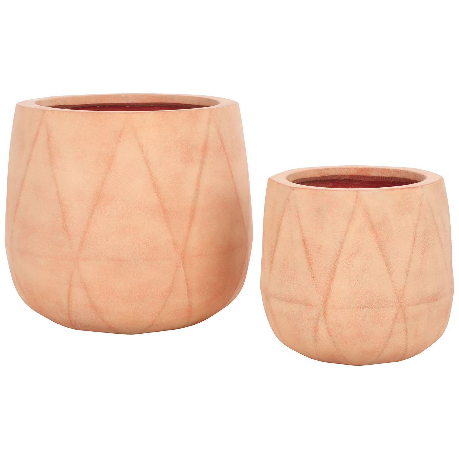 Two rounded terracotta planters pair a delicate diamond motif with warm color. || PAT1536D-SET2 || front_studio
