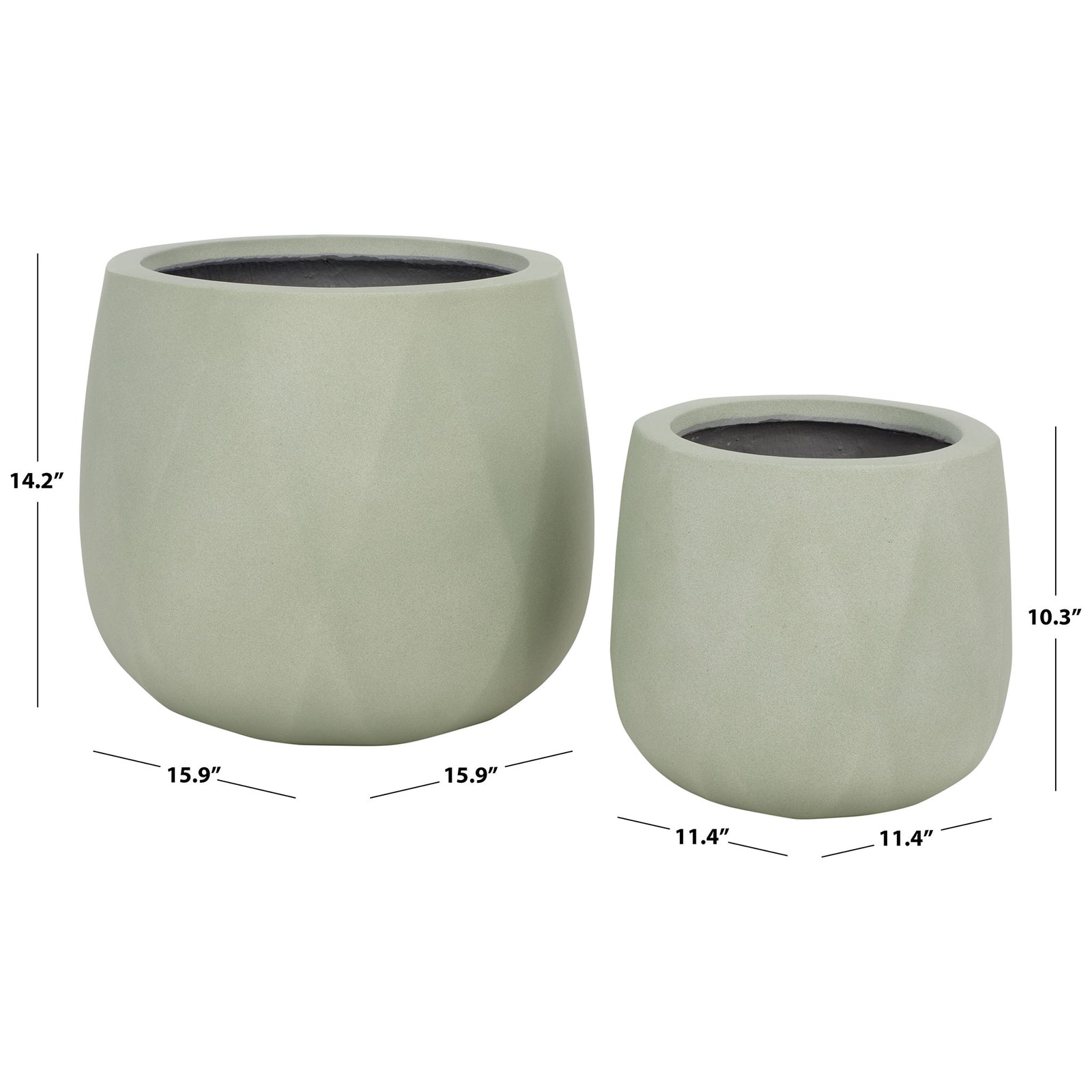 Sage planters in two sizes measure about 15.9 and 11.4 inches across. || PAT1536E-SET2 || dimension_studio
