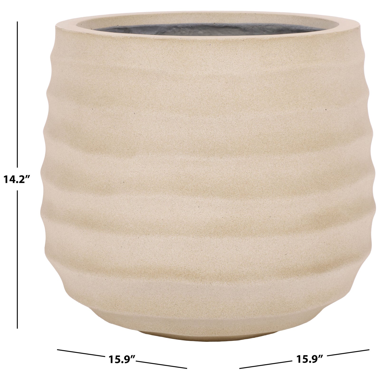 This beige rippled planter measures 15.9 inches wide and 14.2 inches high. || PAT1542B || dimension_studio