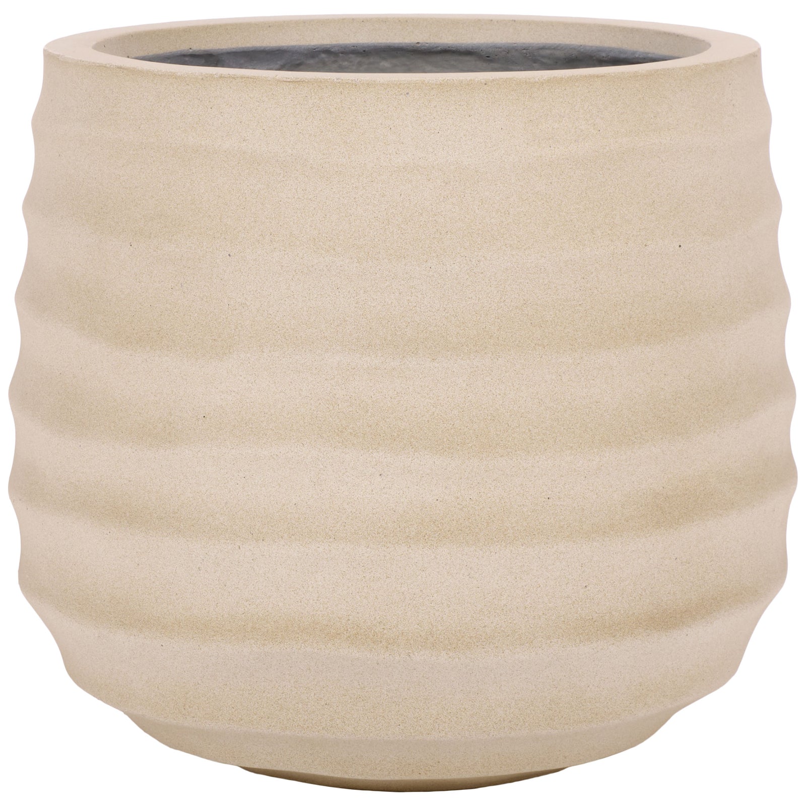 A rounded beige planter pairs softly rippled sides with a wide open rim. || PAT1542B || front_studio
