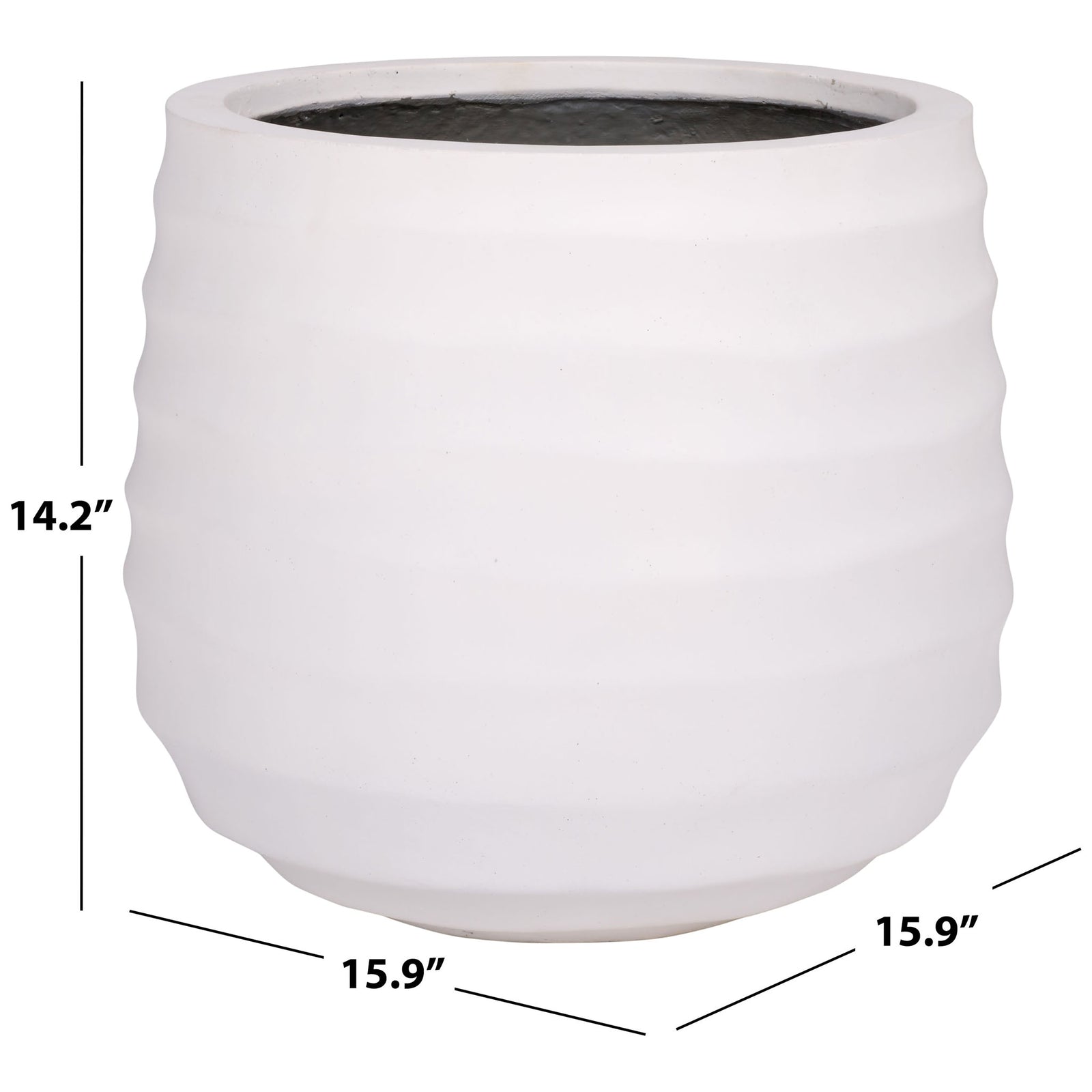 This rounded white planter measures 15.9 inches wide and 14.2 inches high. || PAT1542C || dimension_studio