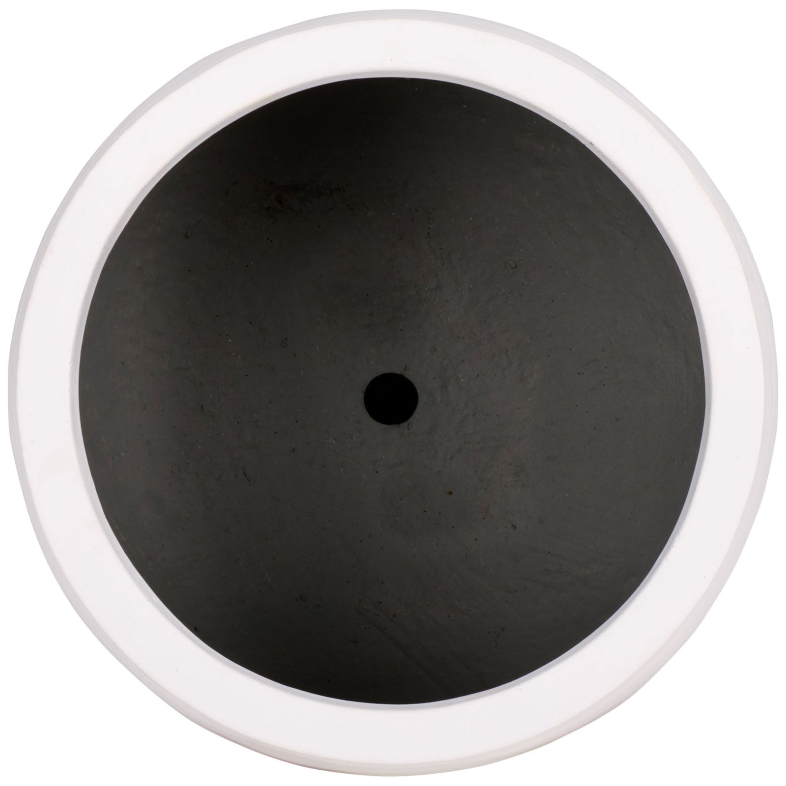 The white planter has a wide circular opening and a central drainage hole. || PAT1542C || top_studio