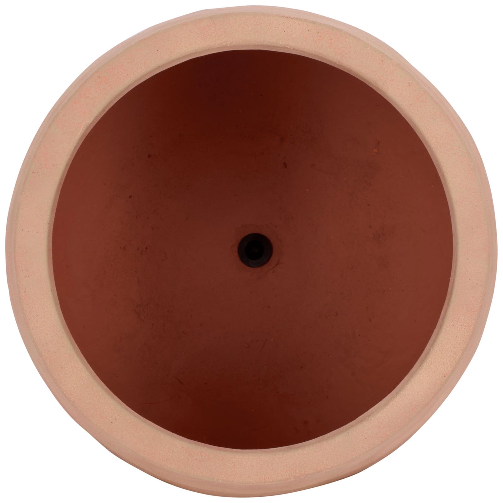 The terracotta planter has a broad circular opening and a central drainage hole. || PAT1542D || top_studio