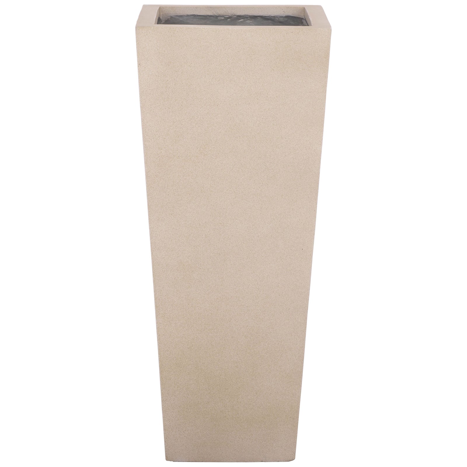 A tall beige planter tapers to a narrow base beneath a clean square rim. || PAT1543B || front_studio