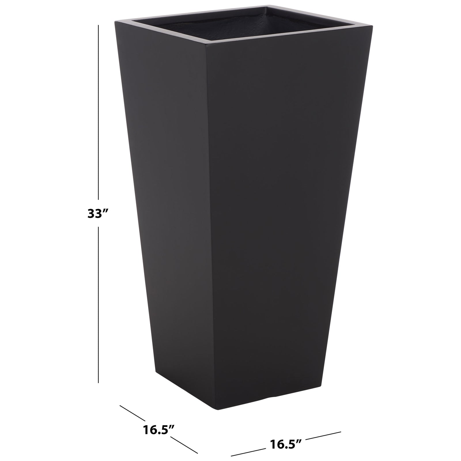 This large black planter measures 16.5 inches wide and deep and stands 33 inches tall. || PAT1544A || dimension_studio