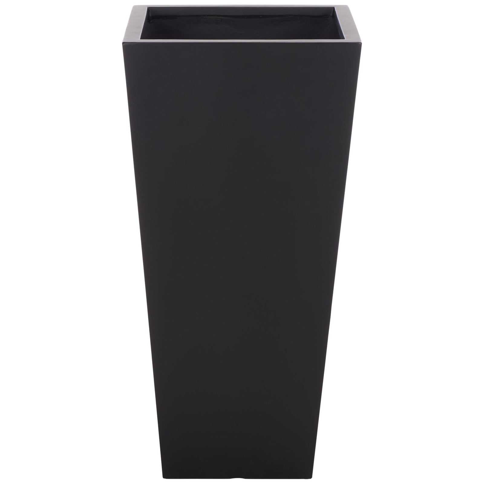 A broad square opening and sleek black finish define this generously sized tapered planter. || PAT1544A || front_studio