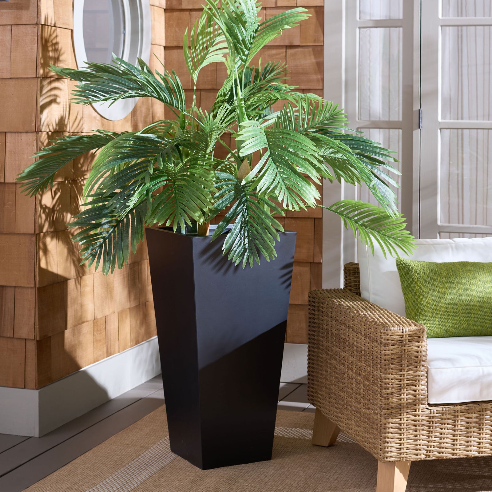 Lush palm fronds fan out from a large black planter beside a woven outdoor chair. || PAT1544A || front_angle_room
