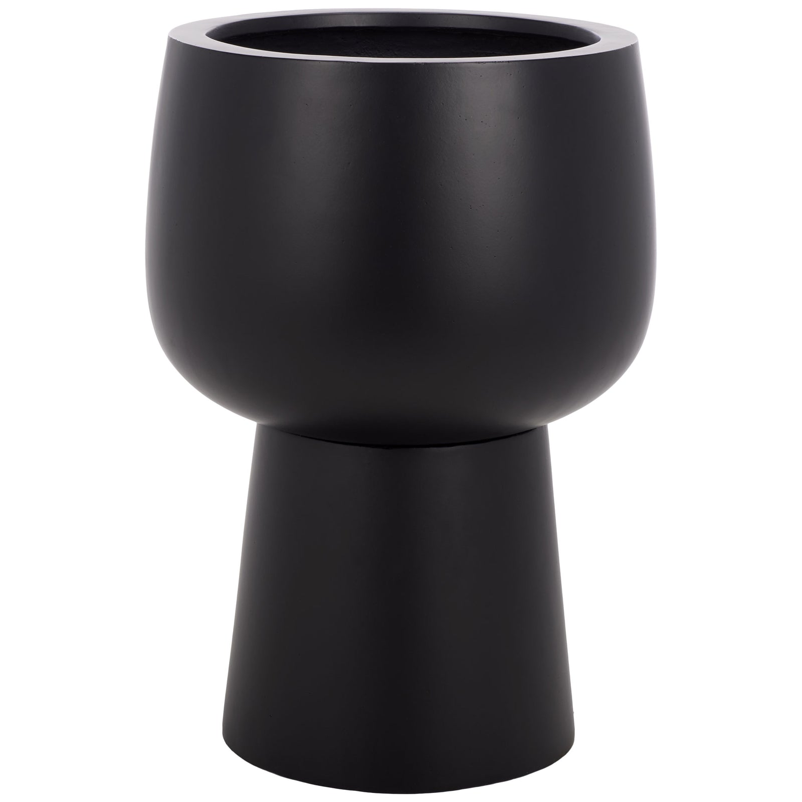 Black pedestal planter pairs a rounded bowl with a tapered base for a bold silhouette || PAT1545A || front_studio