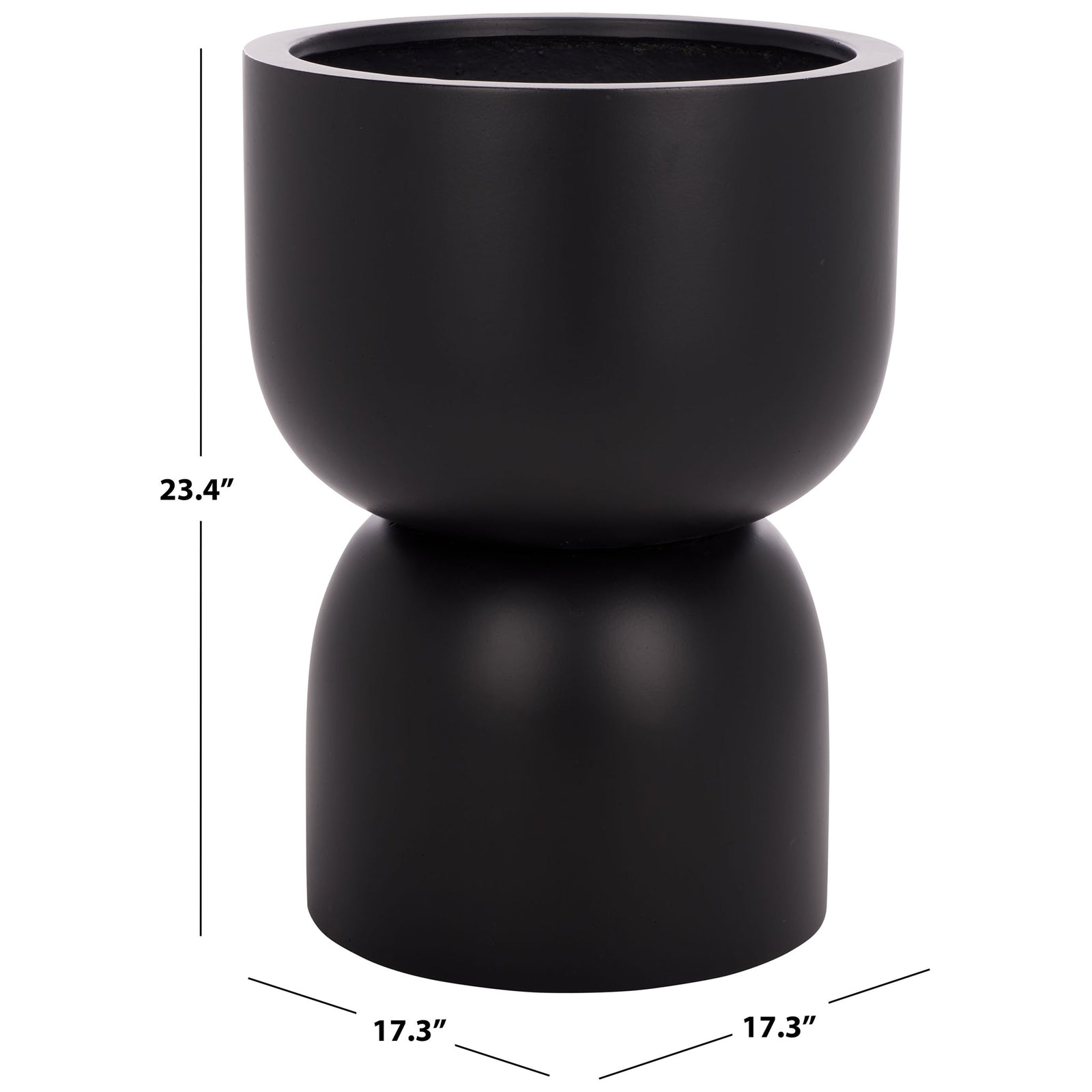 Black bowl-and-pedestal planter stands 23.4 inches tall and spans 17.3 inches wide. || PAT1546A || dimension_studio