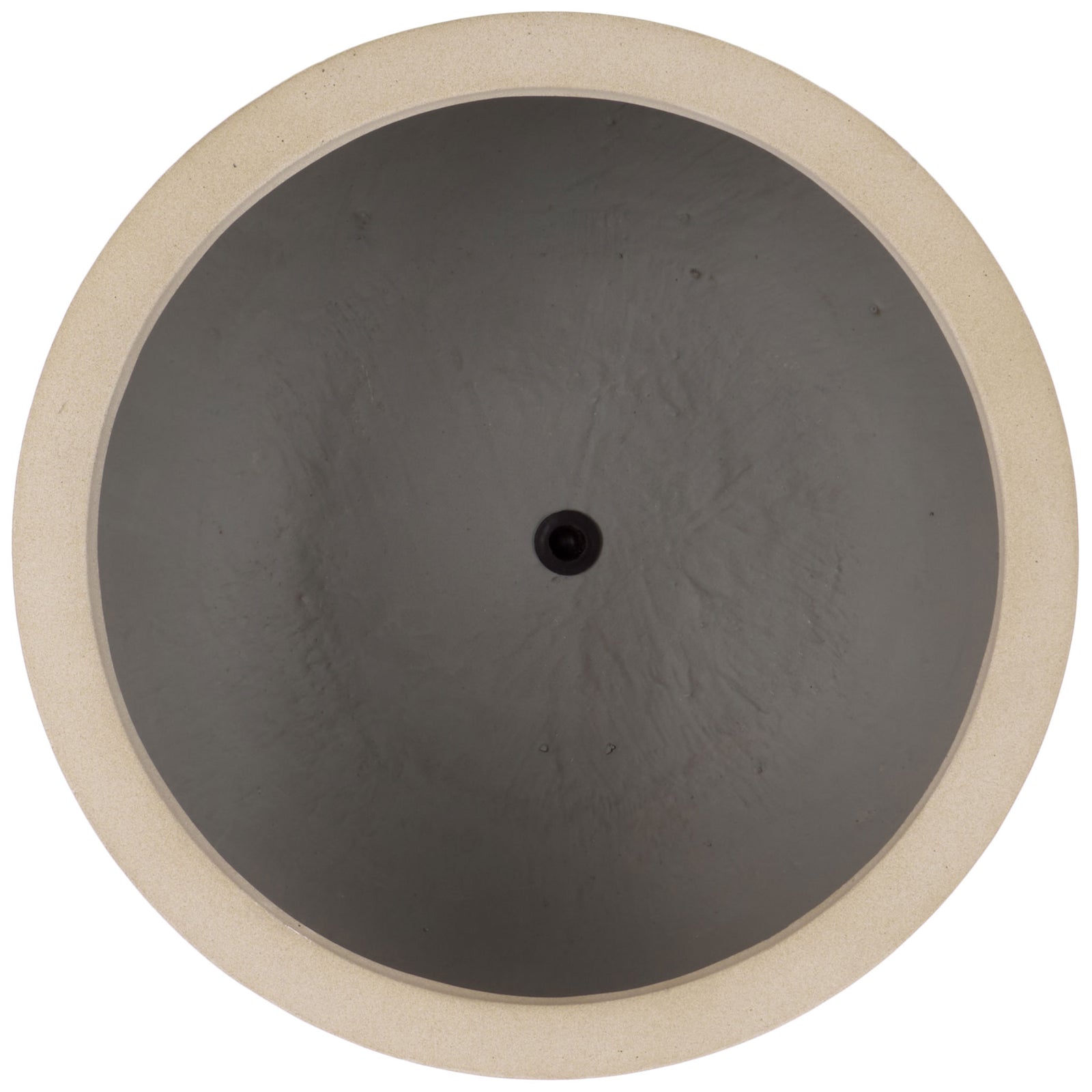 Round beige planter basin features a central drainage hole and a wide rim. || PAT1546B || top_studio