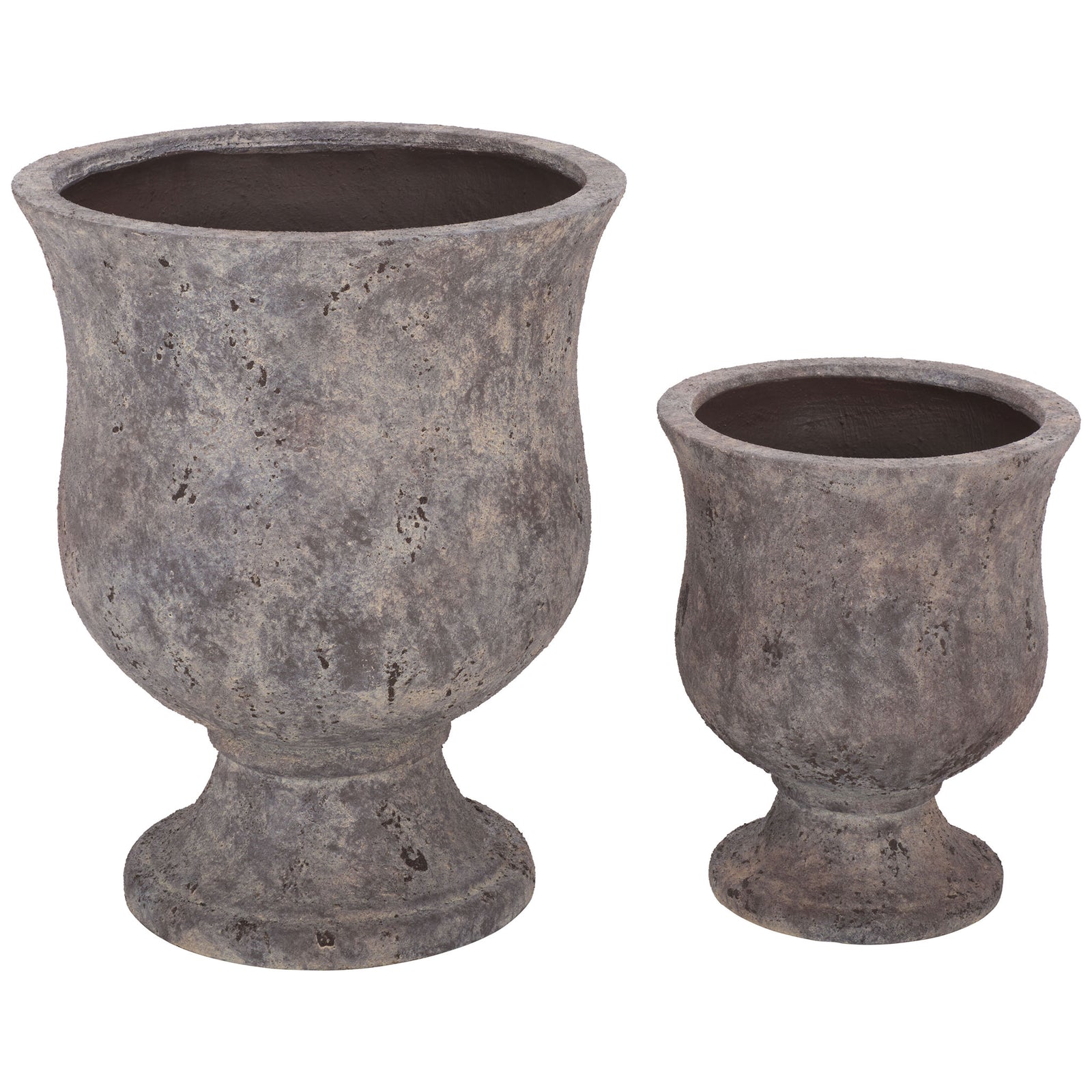 Two antique brown pedestal planters offer matching urn shapes in two sizes || PAT1547A || front_series_studio