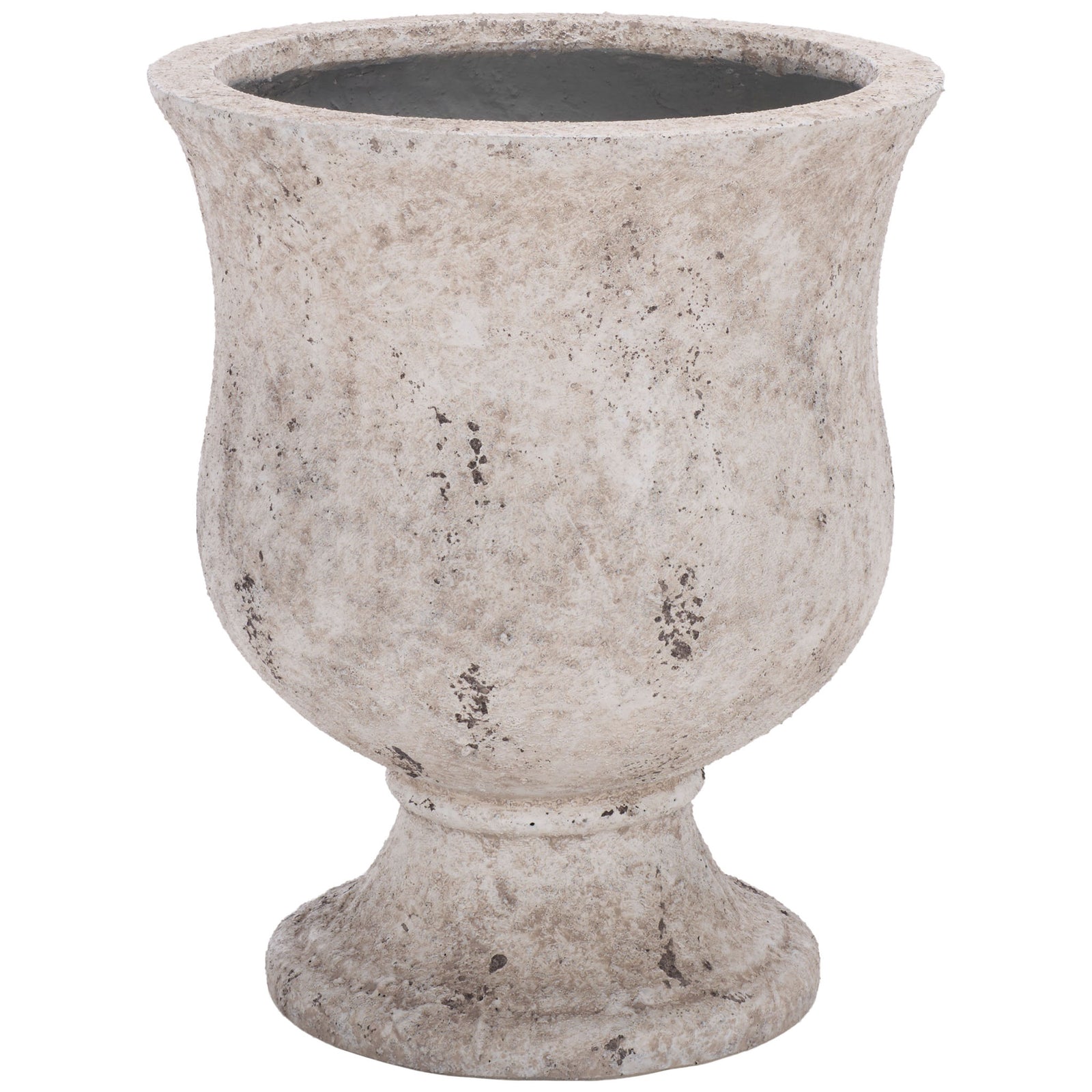 Antique white urn planter has a softly rounded bowl and a classic pedestal base || PAT1547B || front_studio