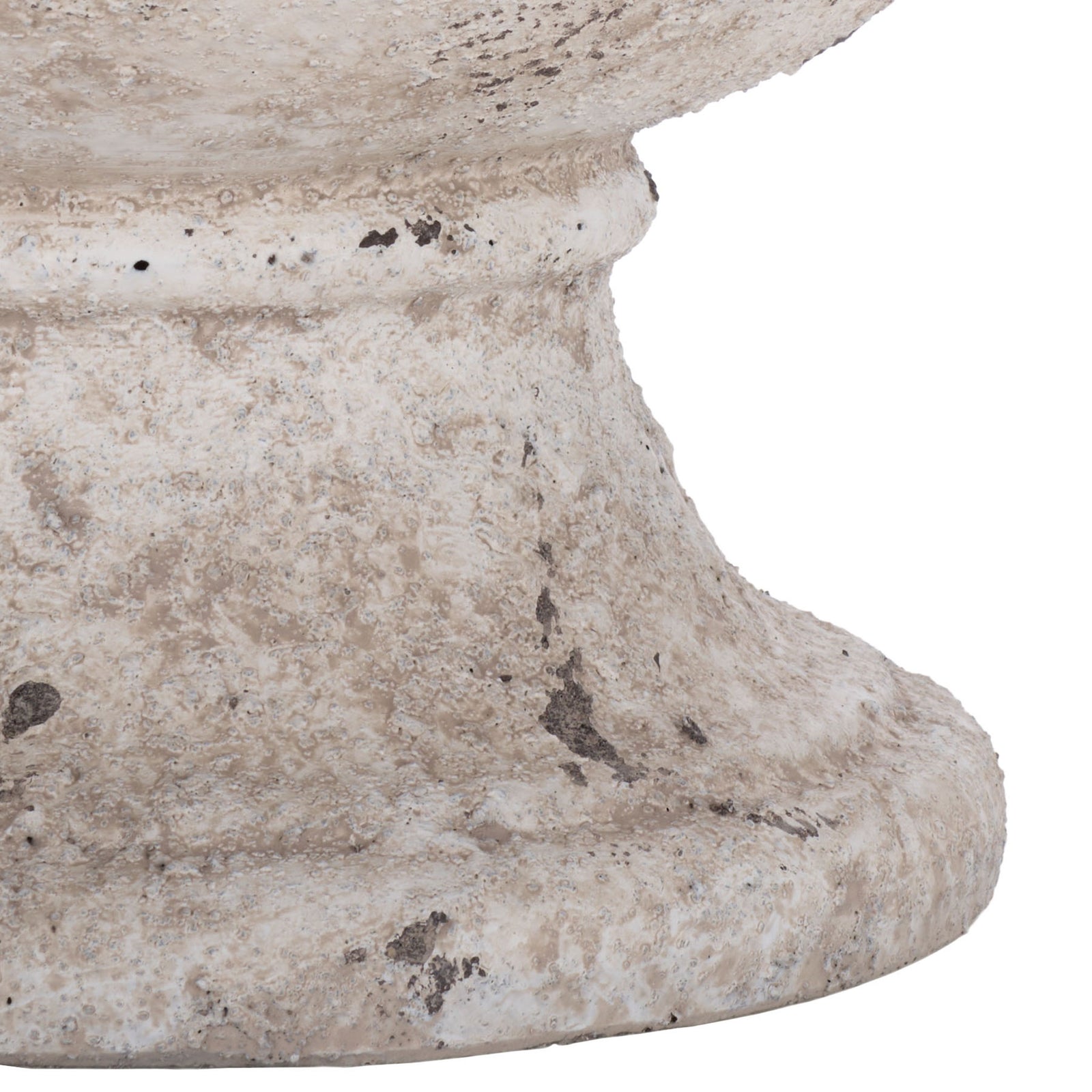 A broad pedestal foot supports the weathered white ficonstone bowl || PAT1547B || leg_studio