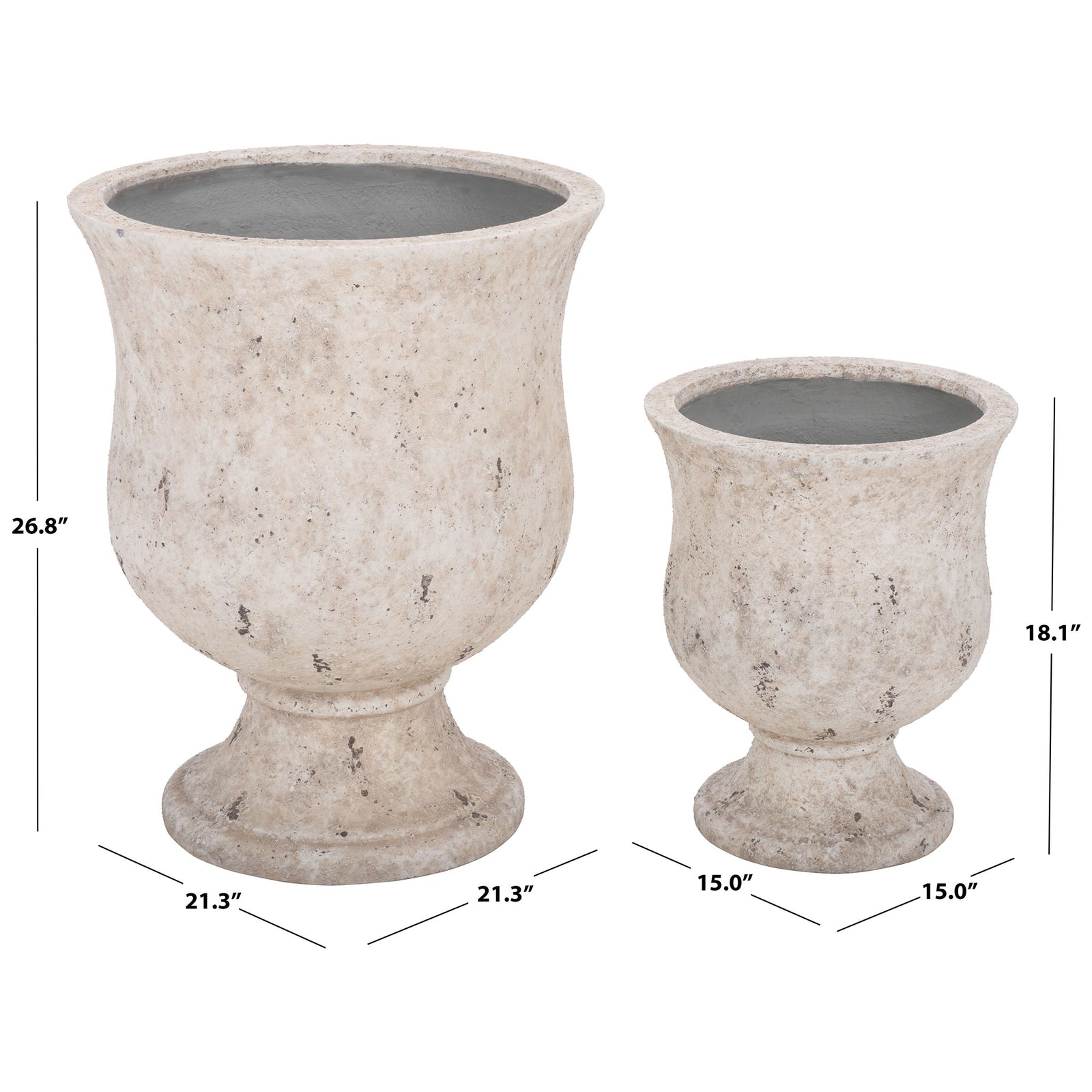 Coordinating white urns stand 18.1 and 26.8 inches tall, with 15- and 21.3-inch widths || PAT1547B || dimension_studio