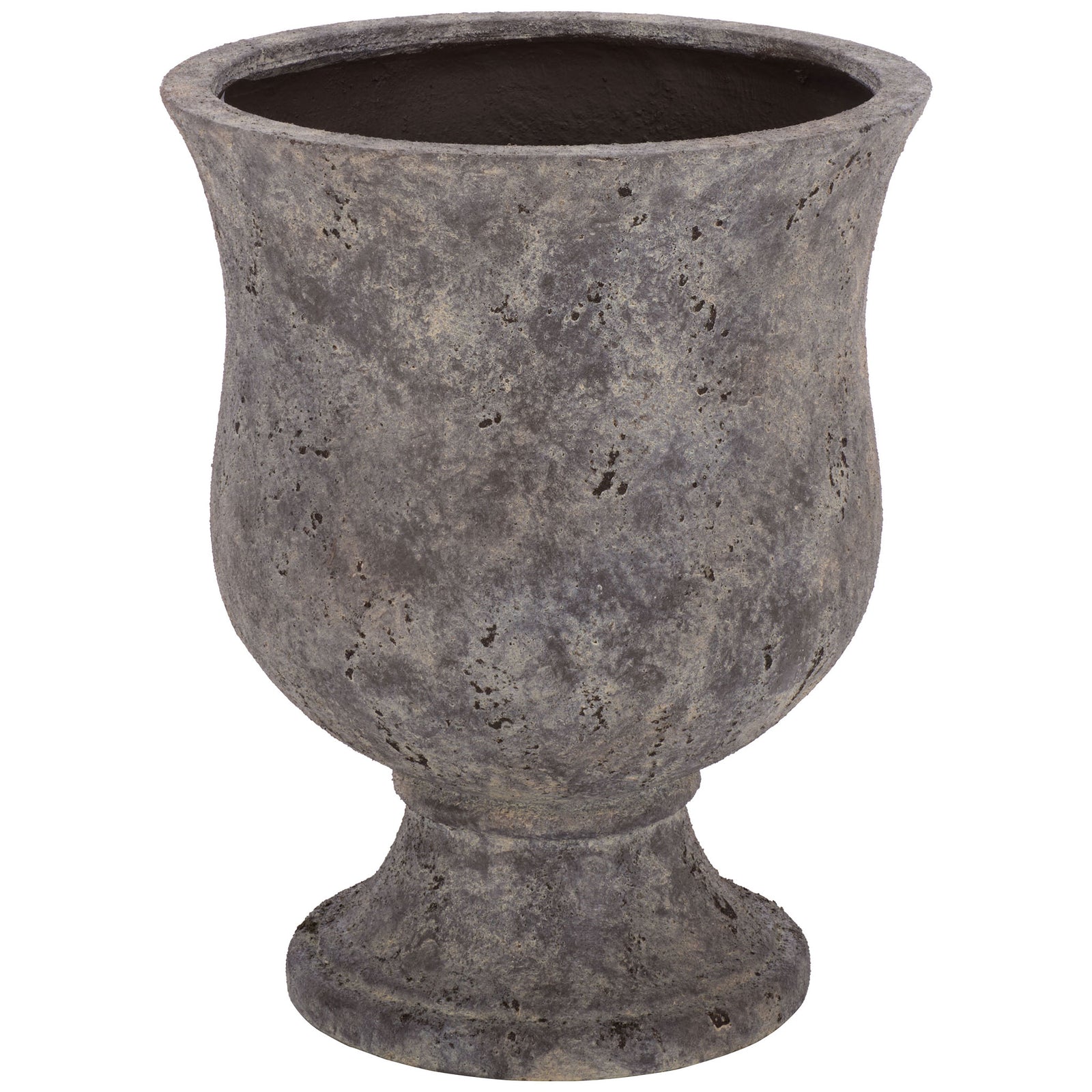 Large antique brown urn planter balances a rounded bowl on a sculpted pedestal || PAT1548A || front_studio