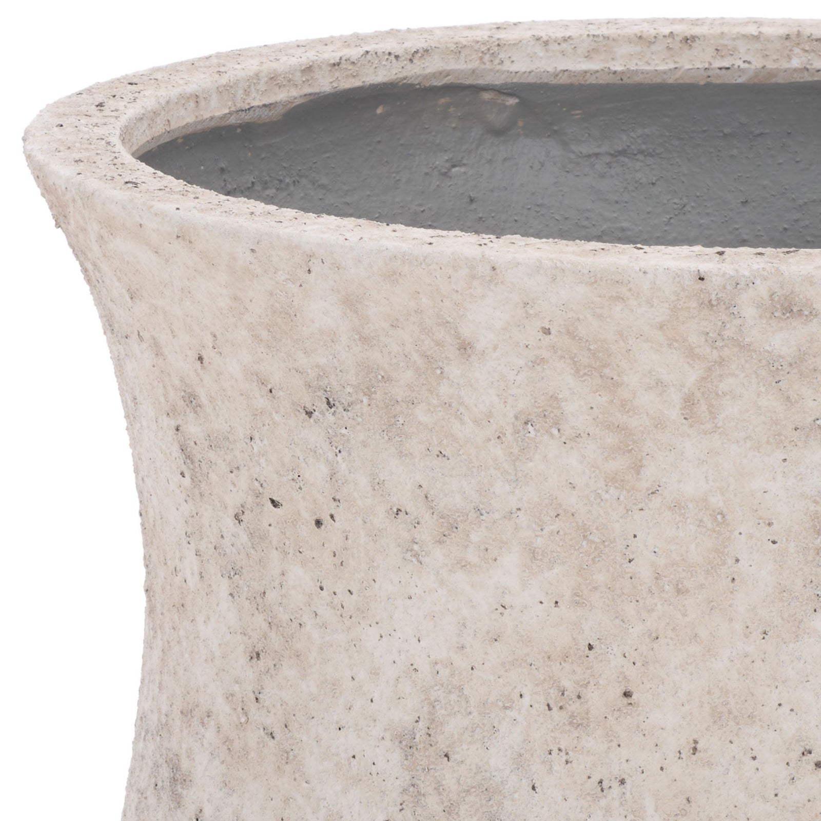 Weathered white surface and softly curved lip lend the roomy urn a timeworn feel || PAT1548B || detail_studio