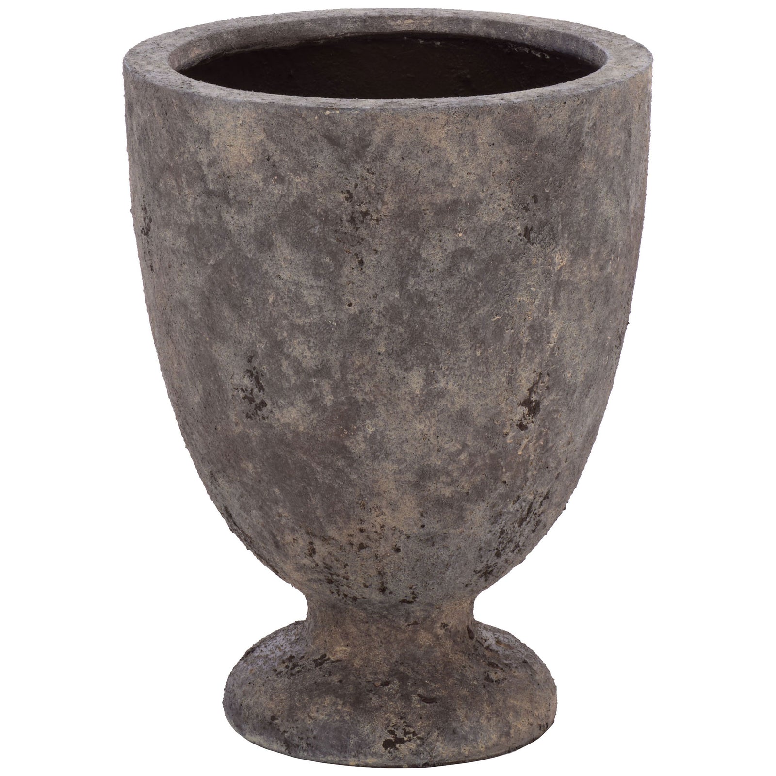 An antique brown urn planter pairs a rounded bowl with a flared pedestal base. || PAT1549A || front_studio