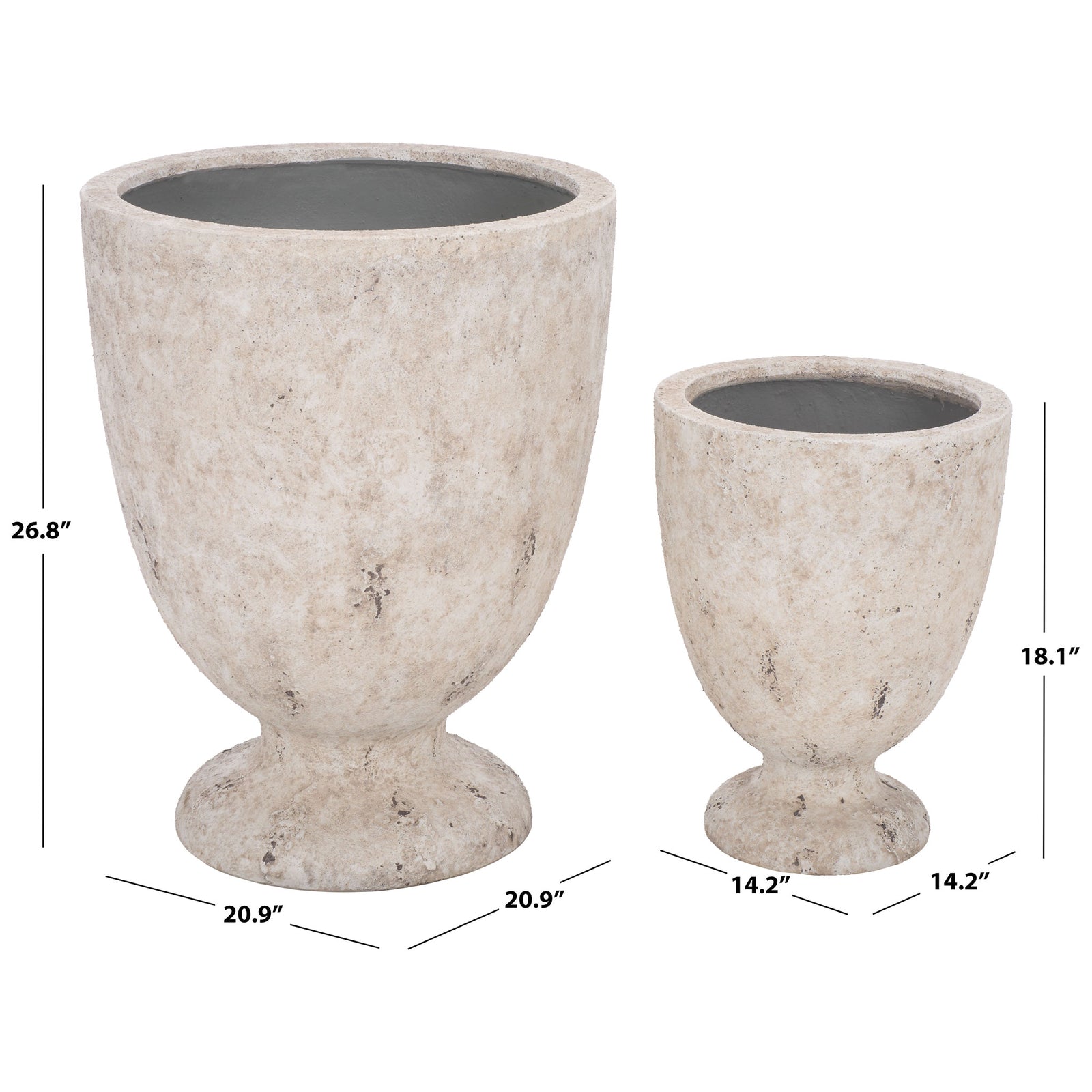 Antique white planters offer 14.2- and 20.9-inch widths and stand 18.1 and 26.8 inches tall. || PAT1549B || dimension_studio