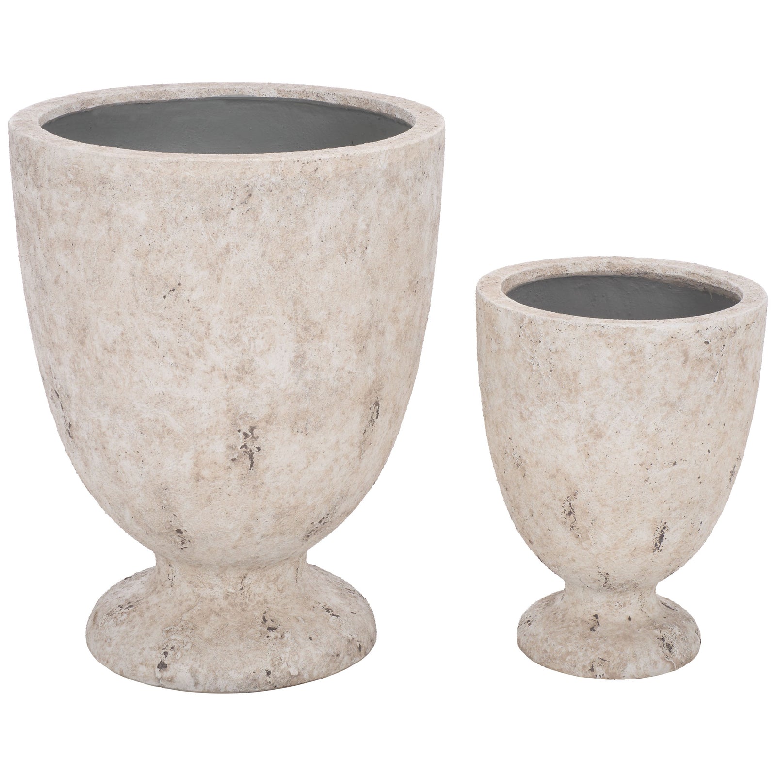 Two sizes of antique white urn planters feature rounded bowls and matching flared bases. || PAT1549B || front_series_studio