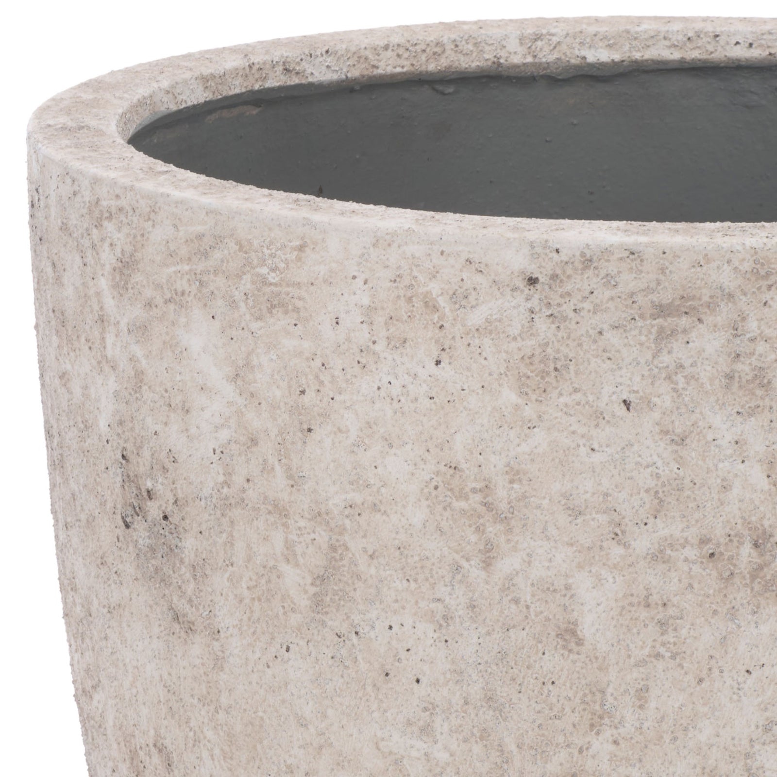 Soft antique white mottling covers the large planter's thick rim and curved upper bowl. || PAT1550B || detail_studio