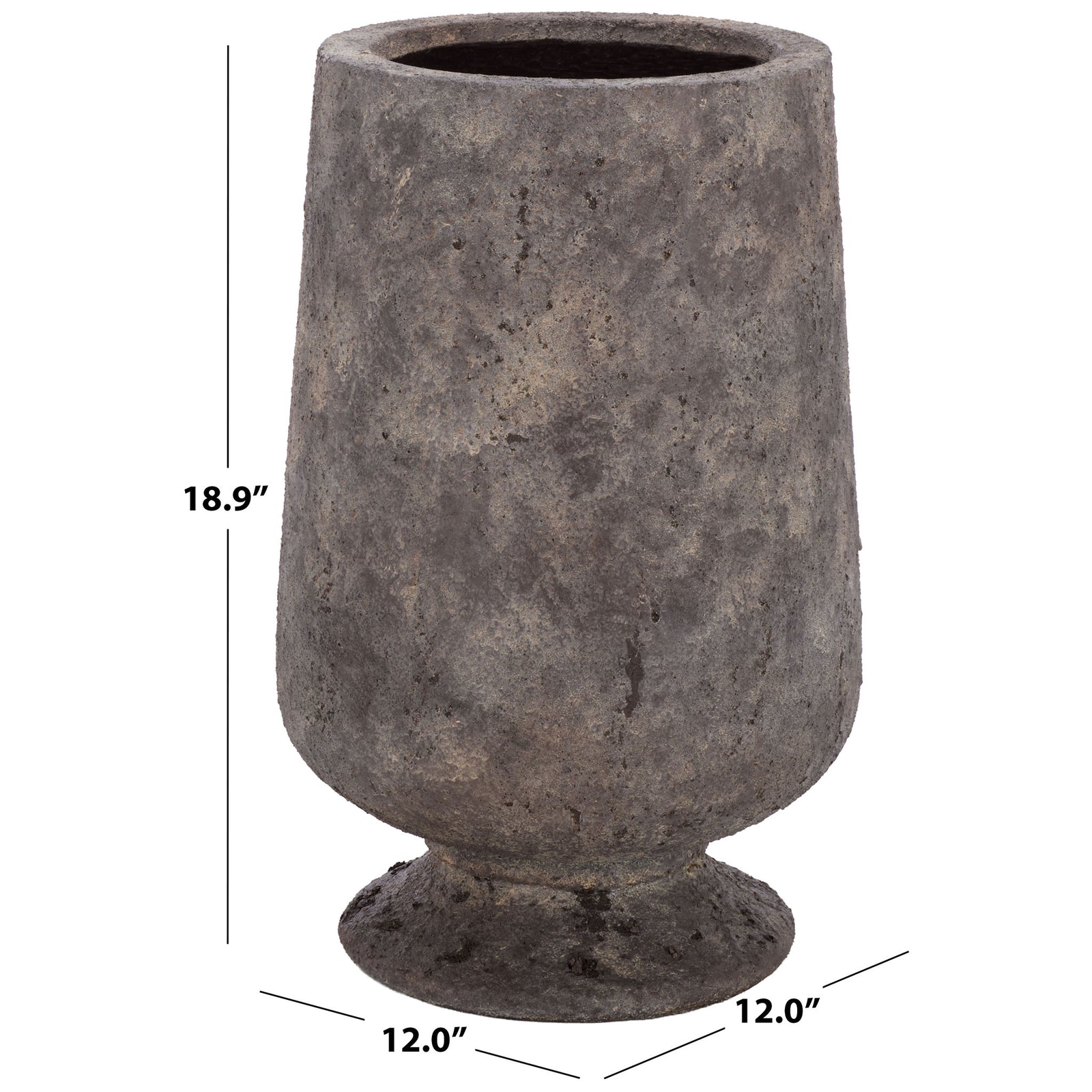 A footed antique brown planter stands 18.9 inches tall and measures 12 inches across. || PAT1551A || dimension_studio