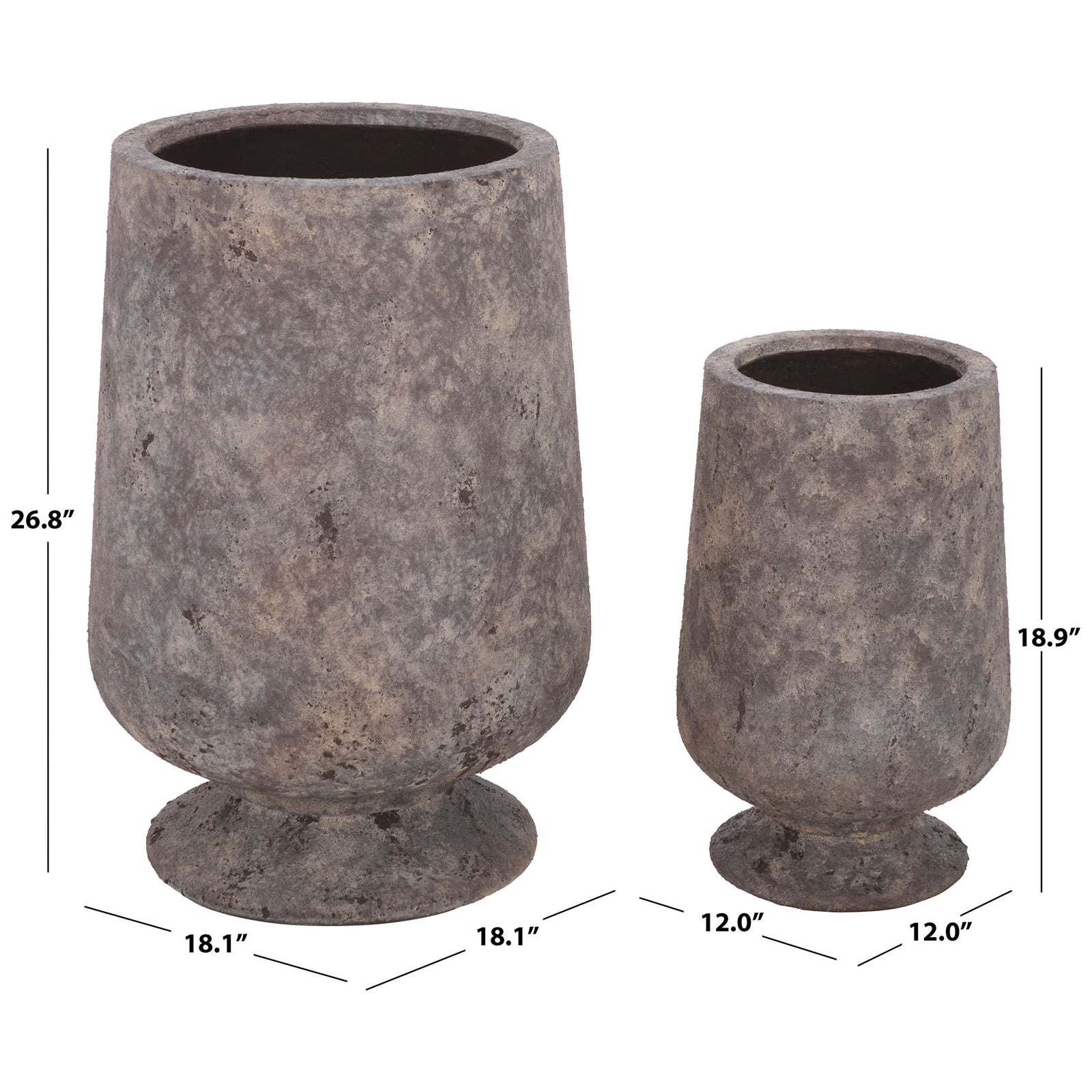 Two coordinated antique brown planters stand 18.9 and 26.8 inches tall on flared bases. || PAT1551A || dimension_studio