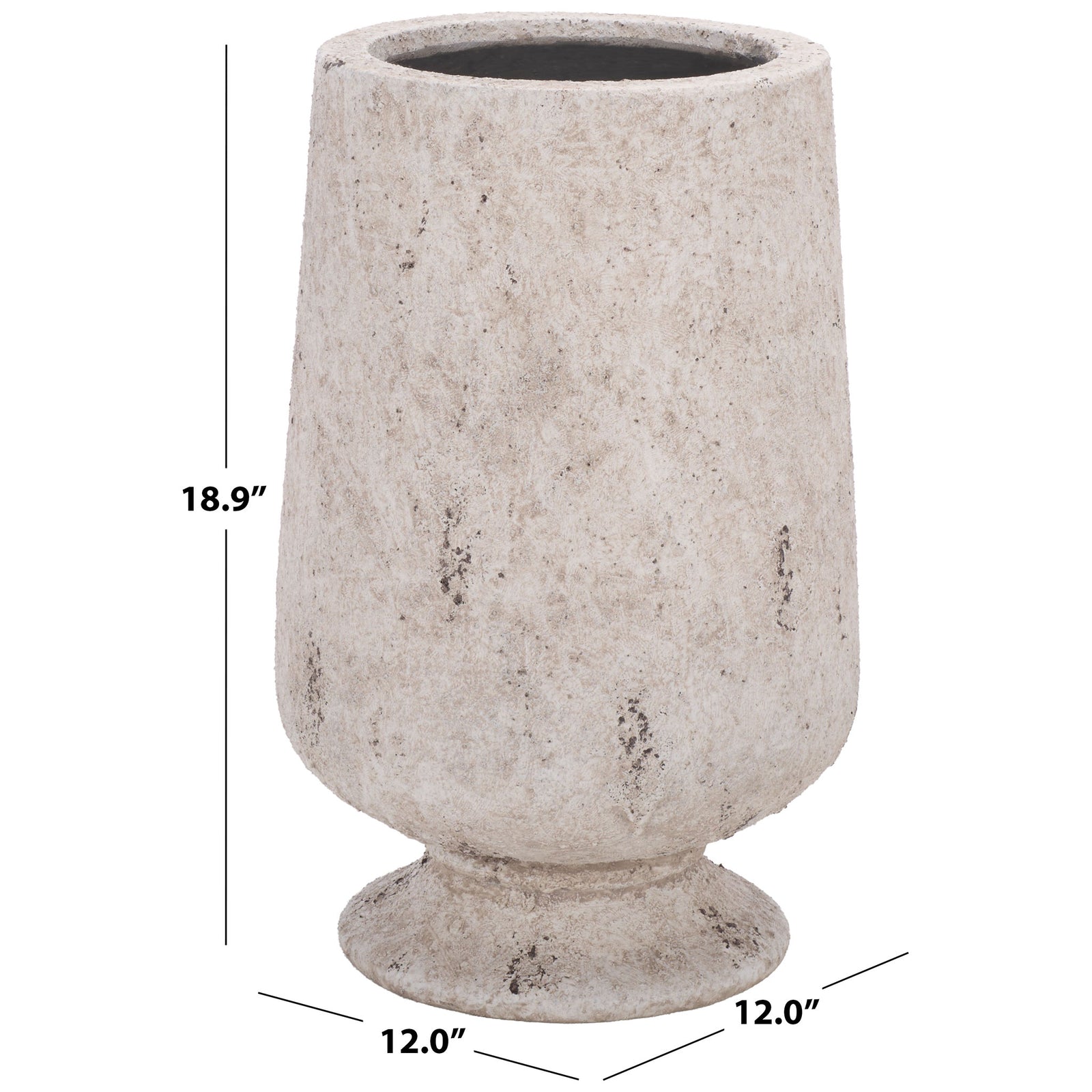 A footed antique white planter stands 18.9 inches tall and measures 12 inches across. || PAT1551B || dimension_studio