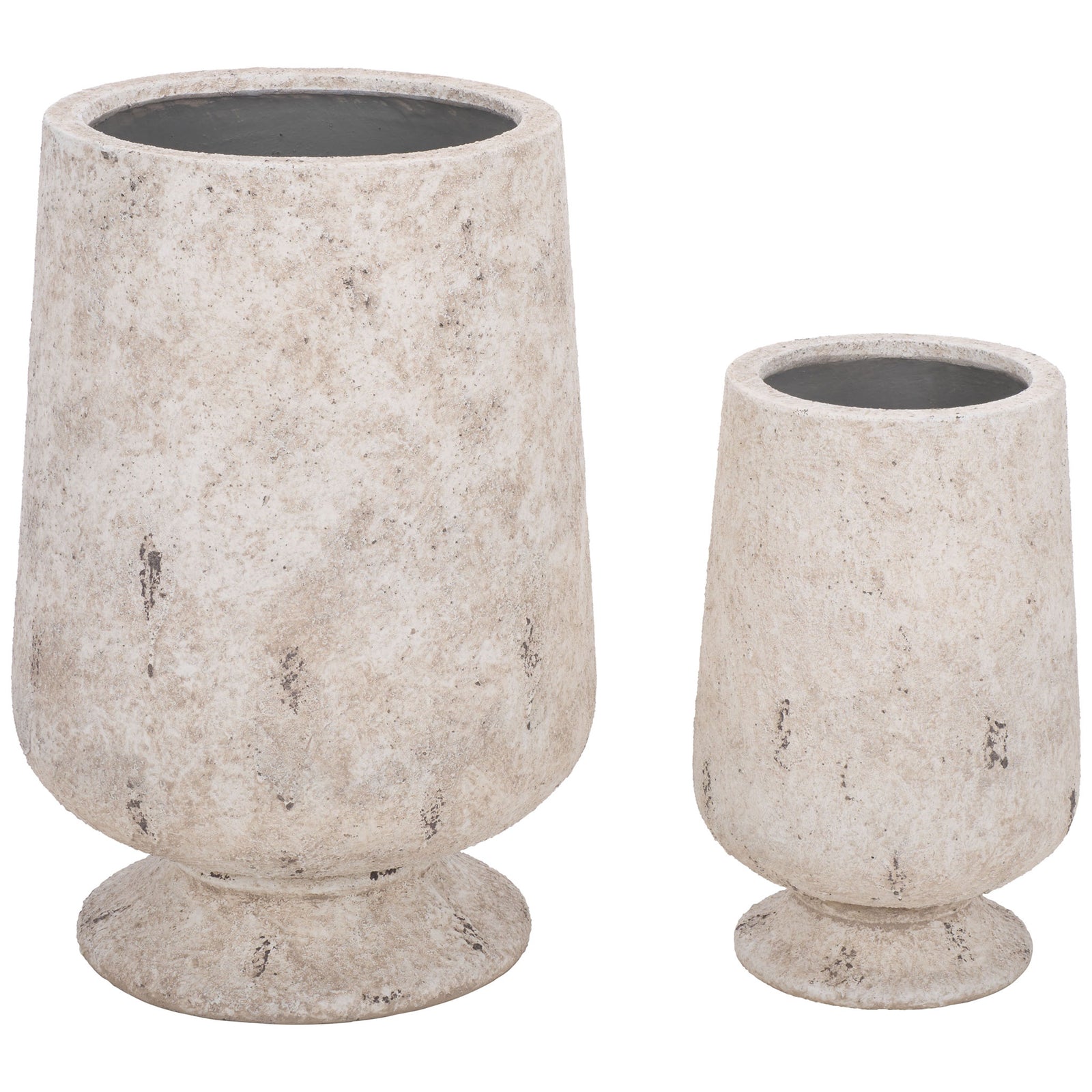 Two sizes of antique white planters share tapered silhouettes and gently flared bases. || PAT1551B || front_series_studio