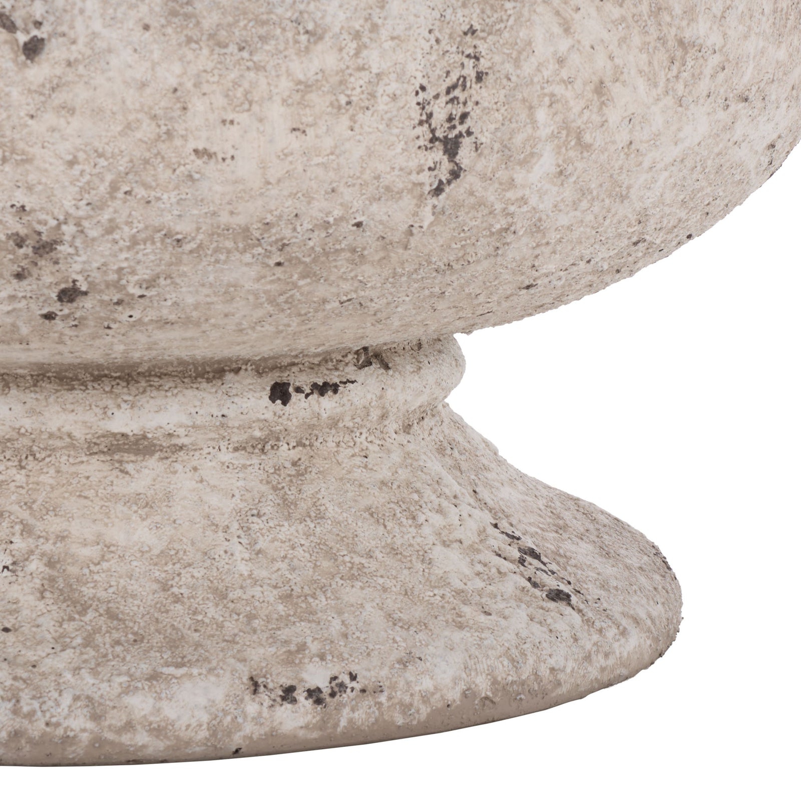 A broad, flared pedestal anchors the large planter's distressed antique white body. || PAT1552B || leg_studio
