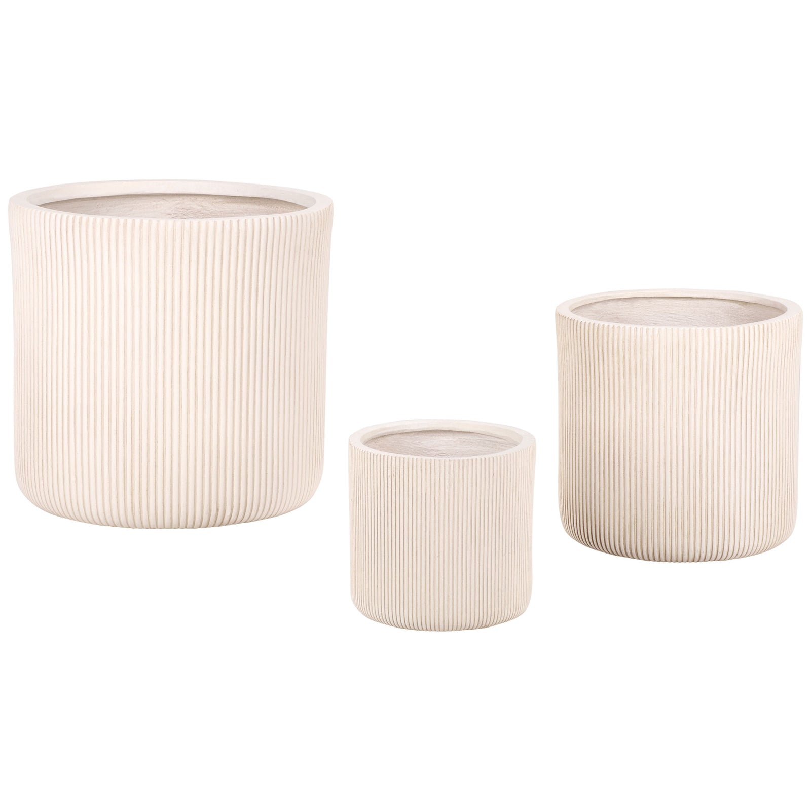 Three beige fiber clay planters offer graduated sizes and slender vertical fluting. || PAT4600B-SET3 || front_studio