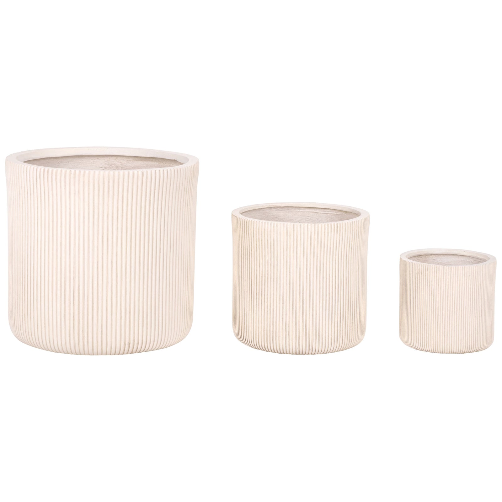 A trio of beige planters steps down in size, with fluting from rim to base. || PAT4600B-SET3 || side_studio