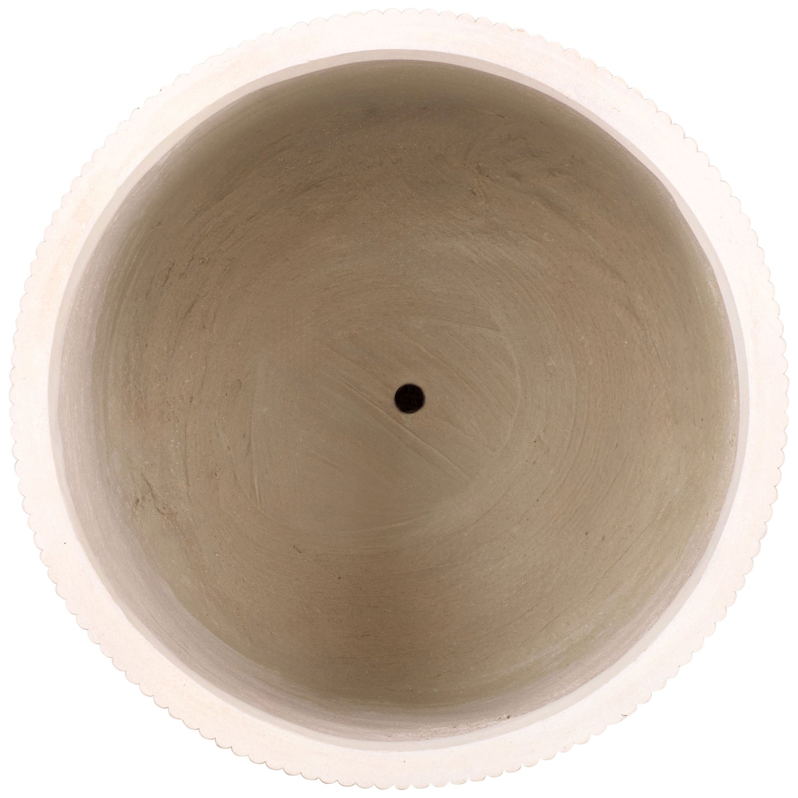A circular beige planter has a broad open basin and a drainage hole at its center. || PAT4600B-SET3 || top_partial_studio