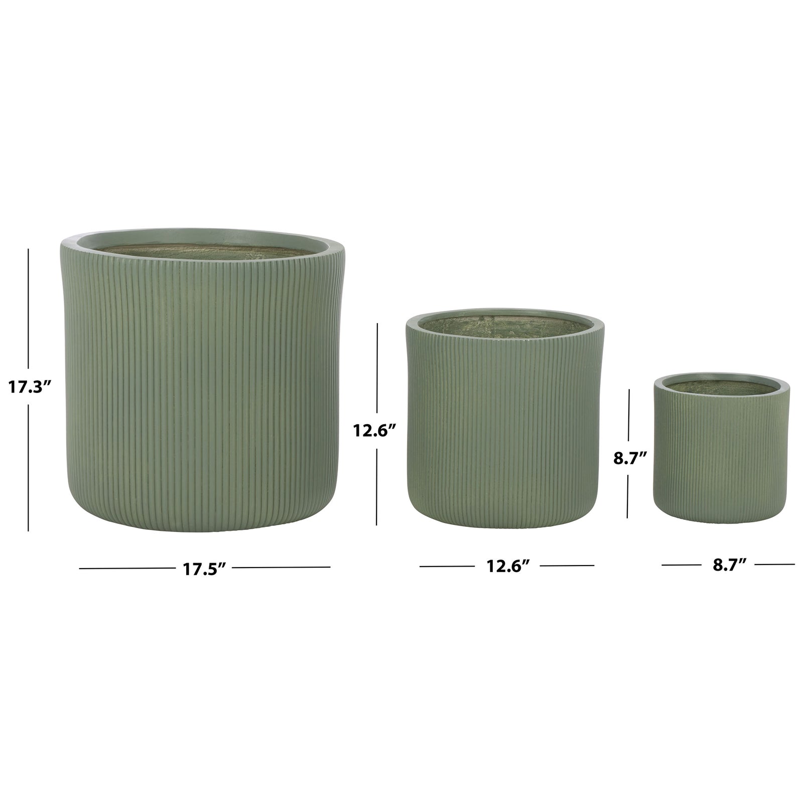 Green planters measure 8.7, 12.6, and 17.5 inches wide, with matching heights. || PAT4600C-SET3 || dimension_studio